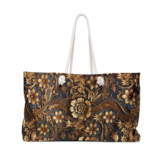 Tooled Leather Large Gold Flowers with Blue Leaf Swirl Accents Print Design - Weekender Oversized Canvas Tote Bag 24" × 13"