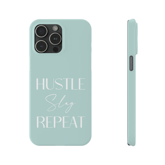 Seagrass Teal ( White Text) - Hustle Slay Repeat Iphone 15-12 Slim Phone Case