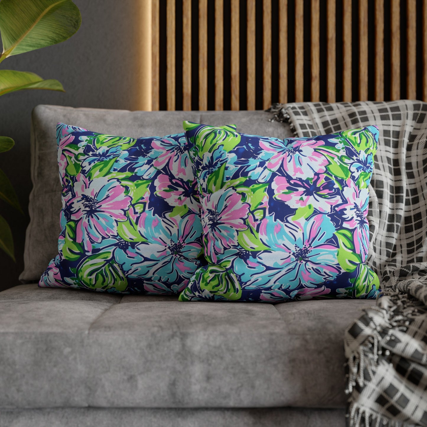 Seaside Coastal Pink, Navy, and Green Tropical Blooms Spun Polyester Square Pillowcase 4 Sizes