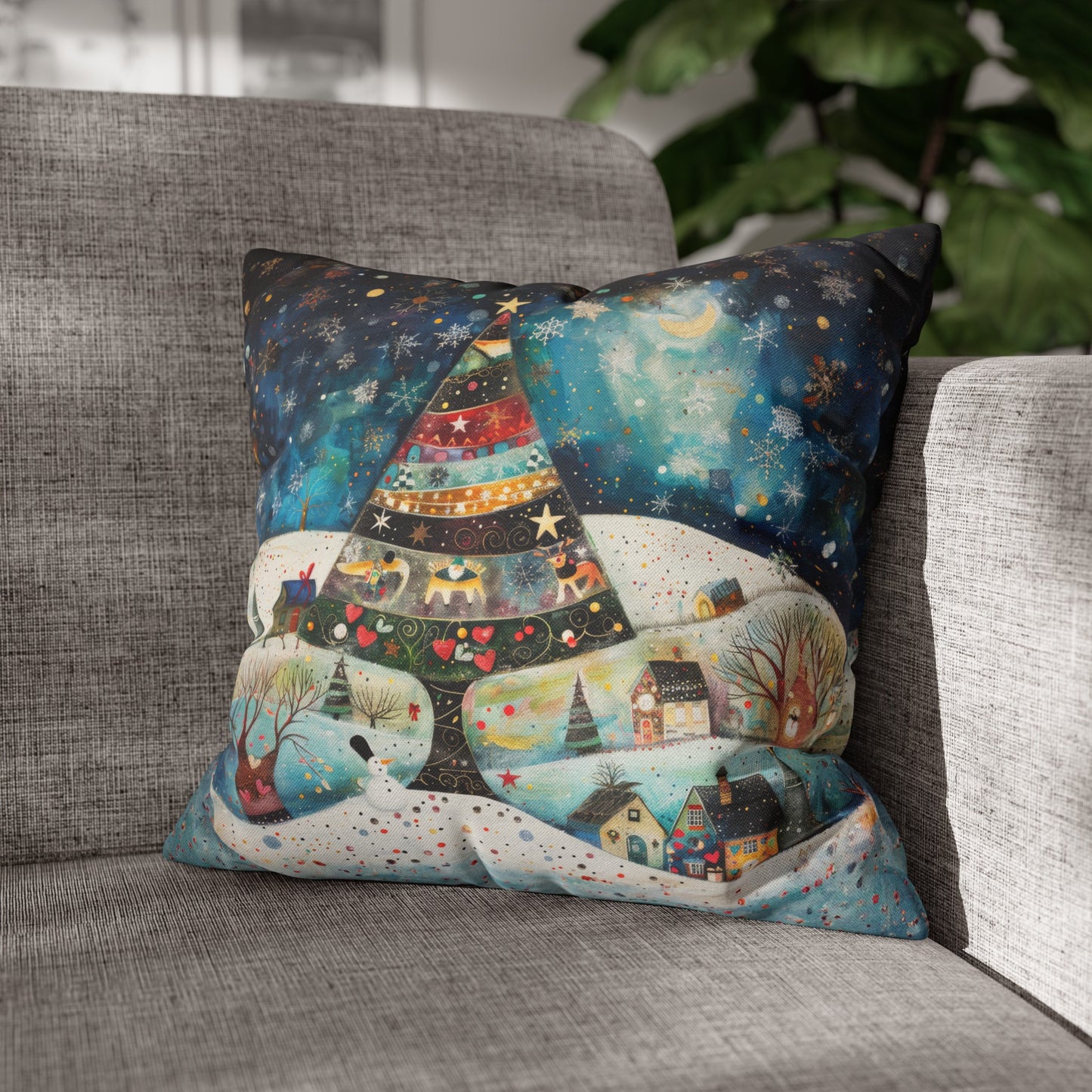 Twilight Treasures: Folk Art Christmas Tree Adorning a Town at Night Spun Polyester Square Pillowcase 4 Sizes