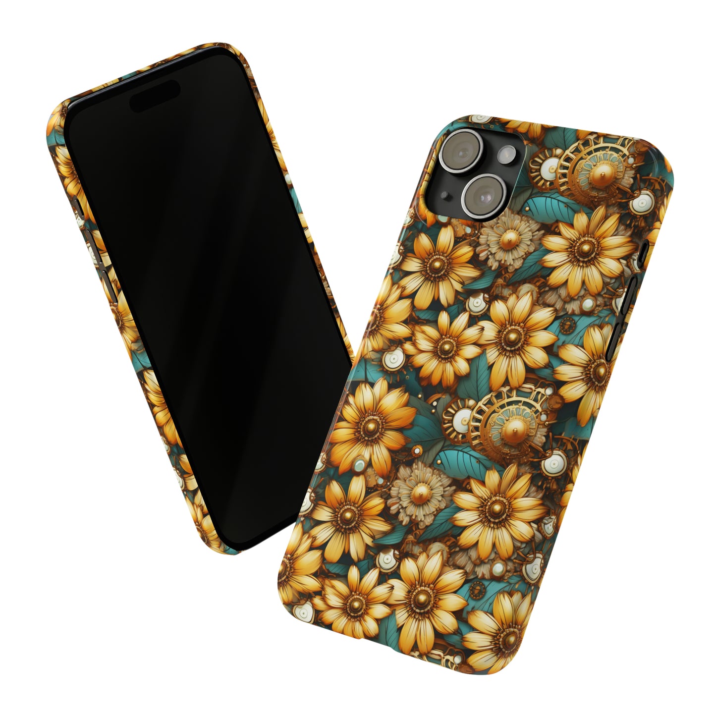 Victorian Steampunk Gold Flowers Teal Background with Gears and Mechanical Elements Iphone 15-12 Slim Phone Case