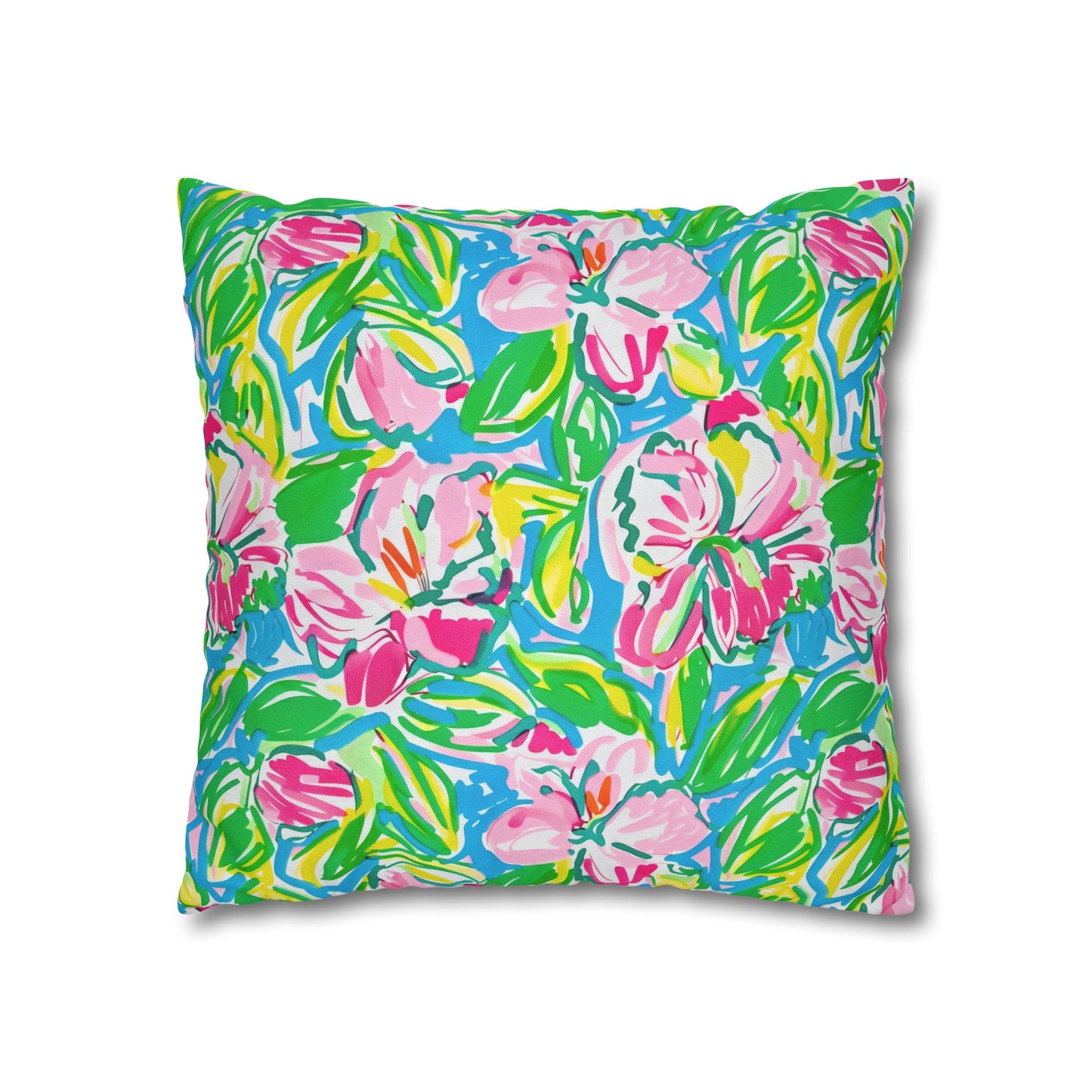 Whispering Meadows: Pink Blossoms, Lush Green Leaves, and Accents of Yellow and Blue Spun Polyester Square Pillowcase 4 Sizes