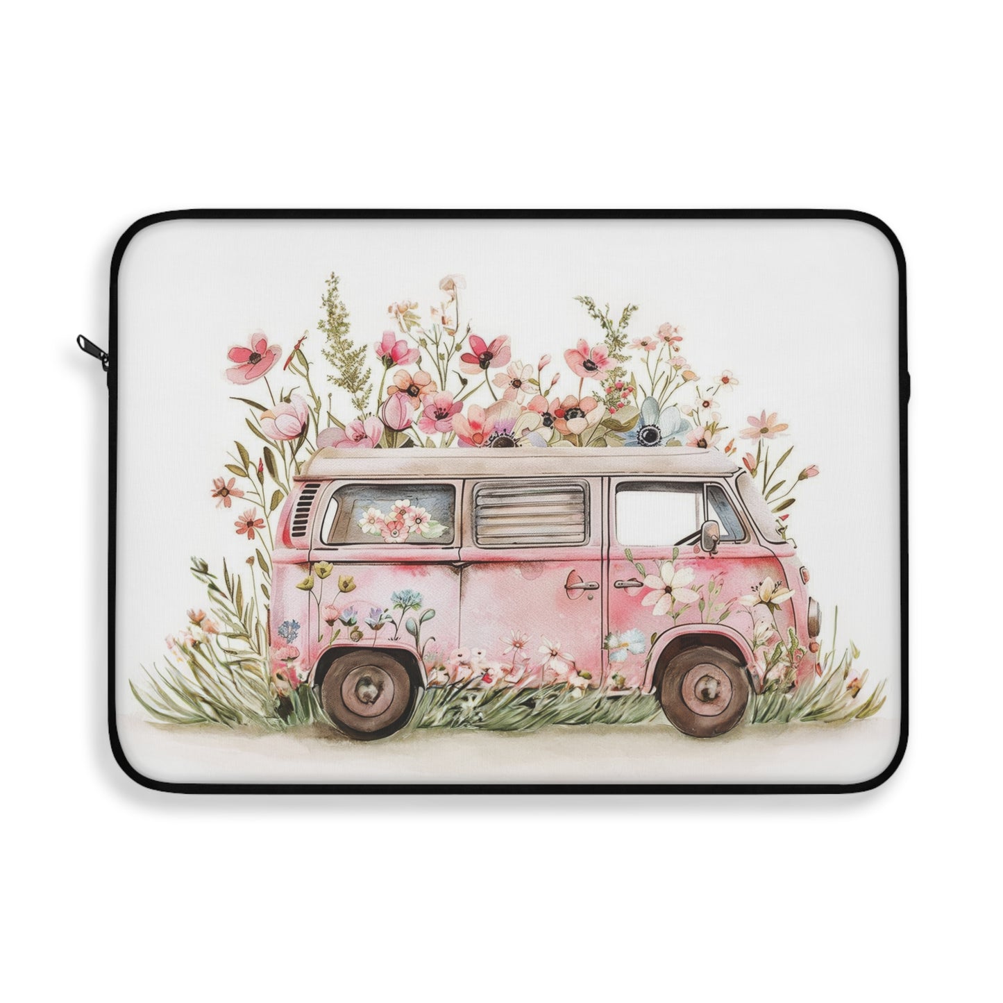 Pastel Petal Cruiser: Light Pink VW Bus Adorned with Pastel Paint Flowers Laptop or Ipad Protective Sleeve 3 Sizes Available