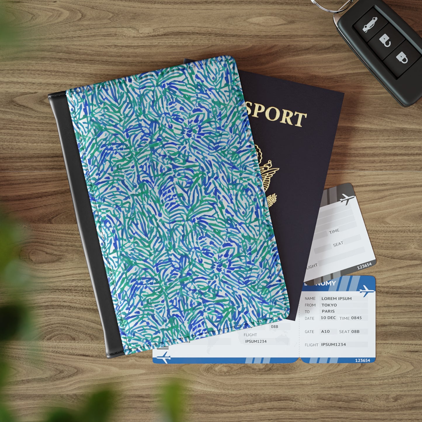 Tropical Fusion: Abstract Palm Leaves in Lime Green and Blue Hues - Passport Cover Faux Leather RFID Blocking