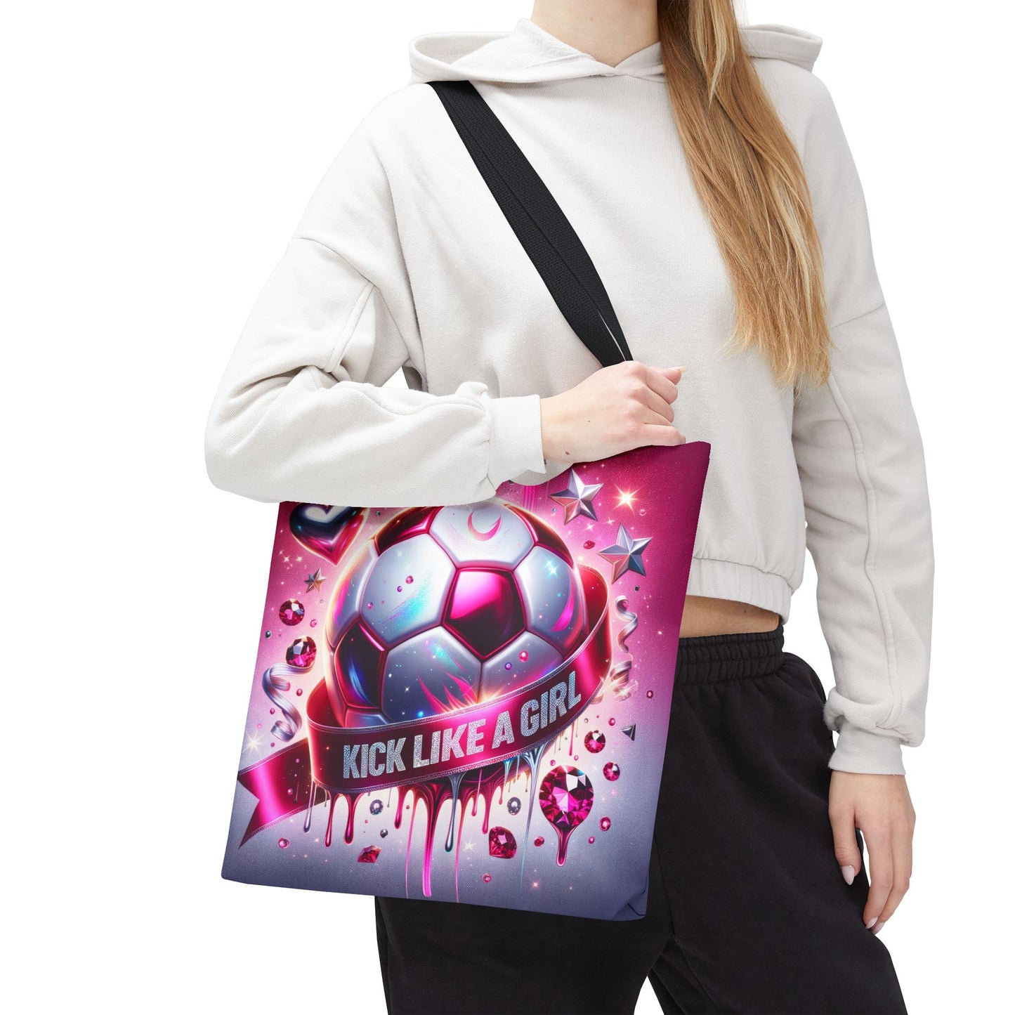Coquette Bow "Kick Like A Girl" Glitter Glam Girls Soccer Ball Canvas Shopping Tote Bag 3 Sizes