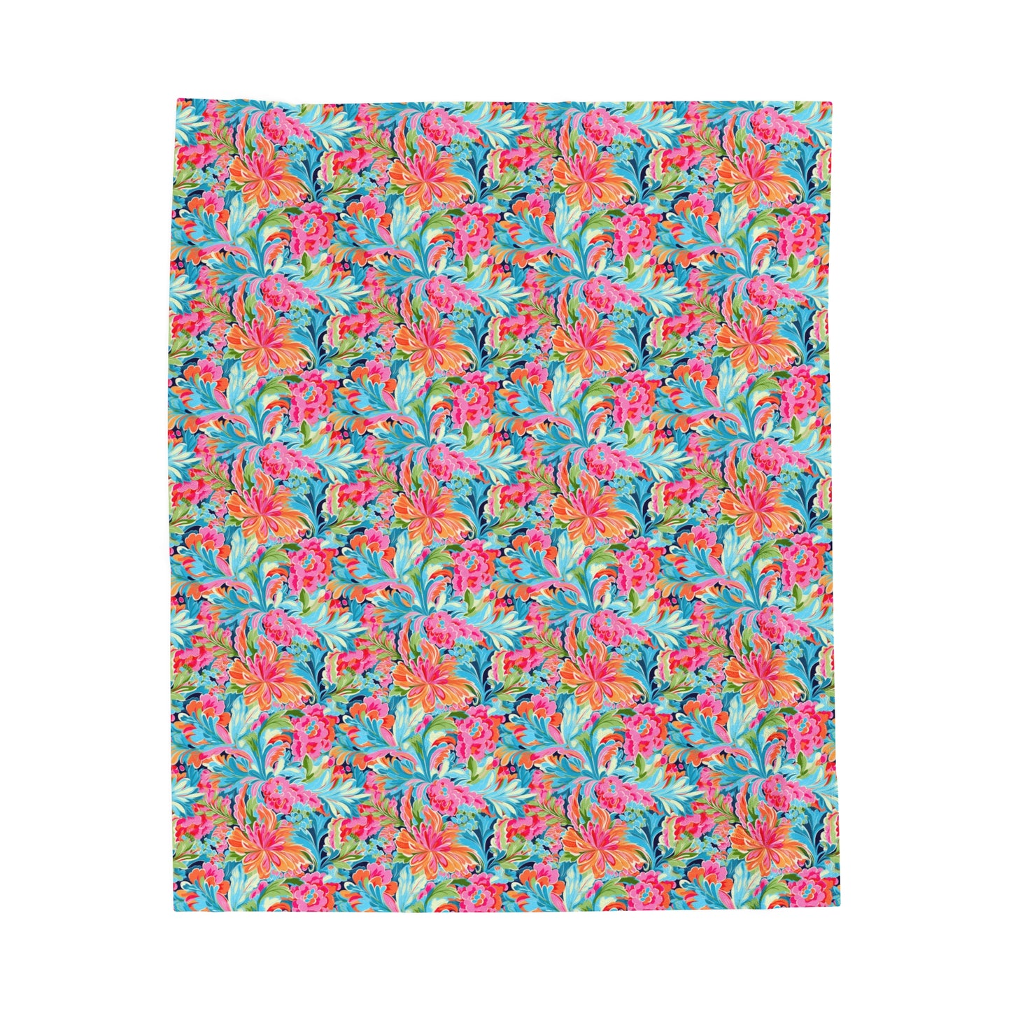 Tropical Radiance: Bursting Summer Blooms in Teal, Orange, and Pink Velveteen Plush Blanket 3 Sizes