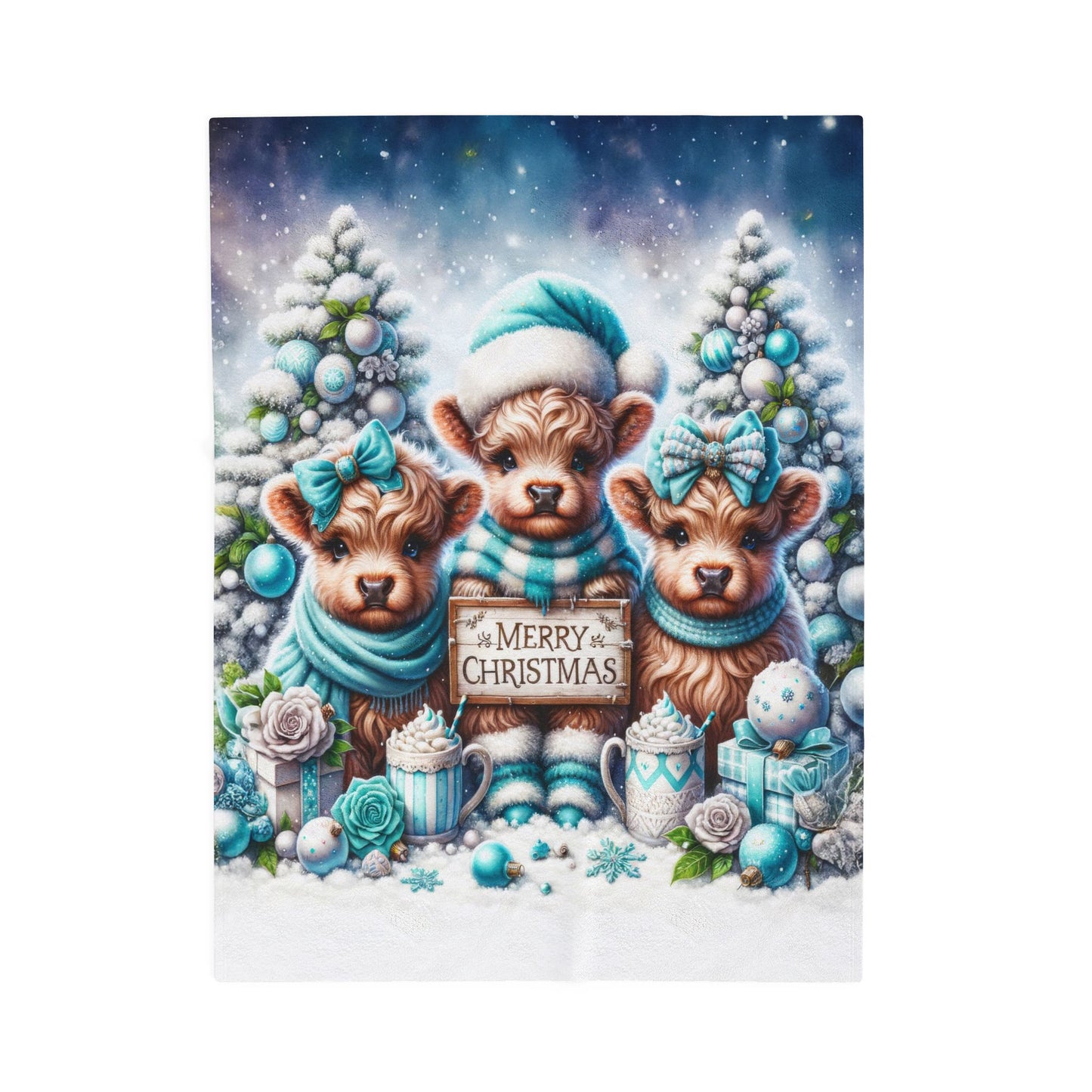 Baby Highland Cows Teal Merry Christmas Velveteen Plush Blanket 3 Sizes