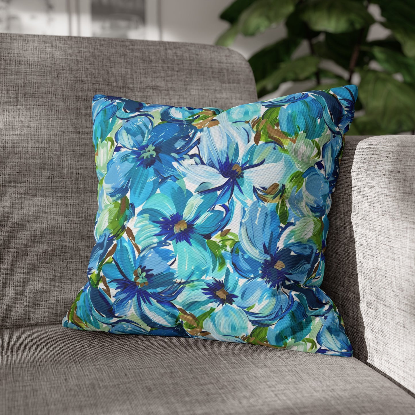 Large Blue Watercolor Flowers with Gentle Accents of Brown and Green Spun Polyester Square Pillowcase 4 Sizes