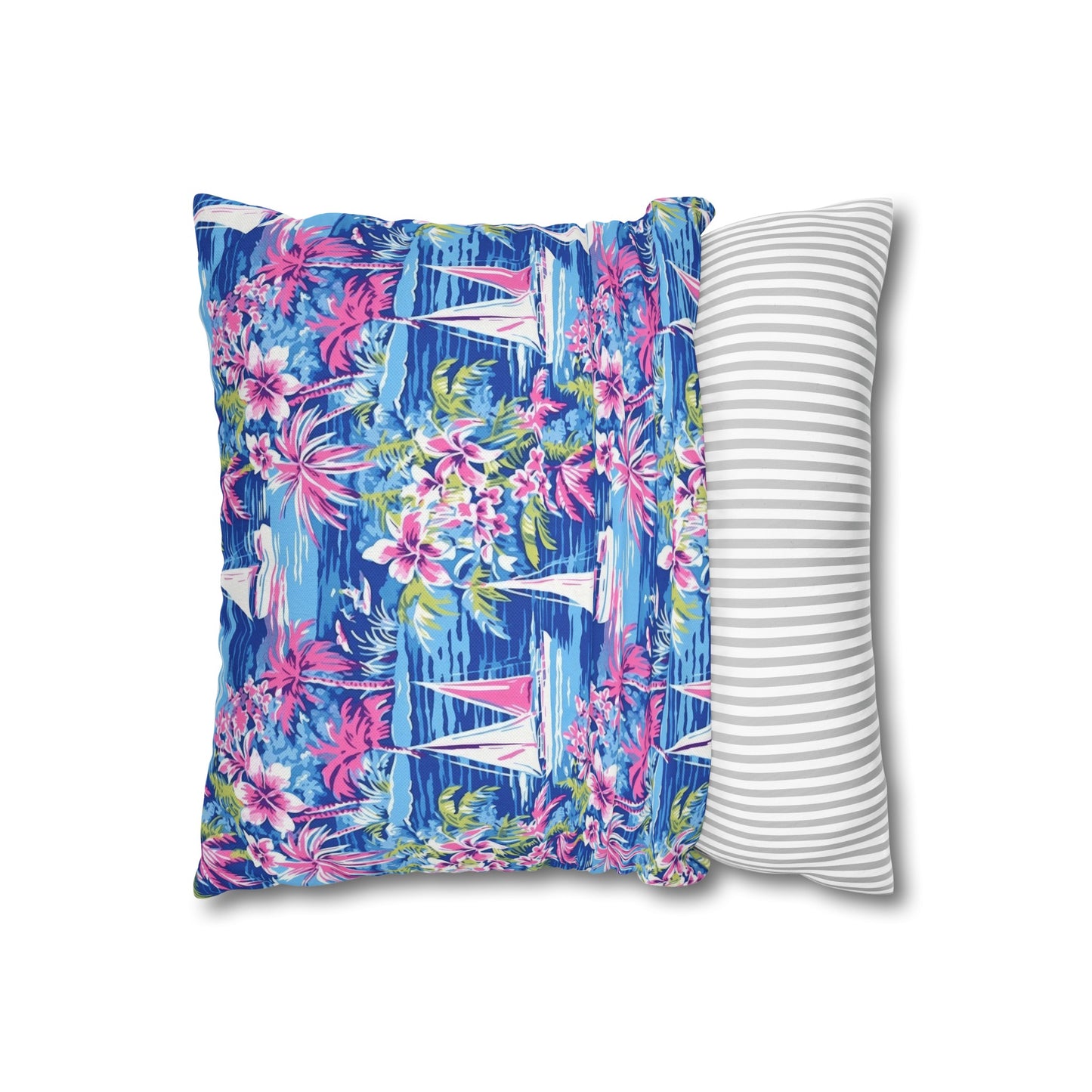 Sailing Tropics: Watercolor Sailboats Amidst Ocean Waves, Tropical Flowers, and Palm Trees Spun Polyester Square Pillowcase 4 Sizes