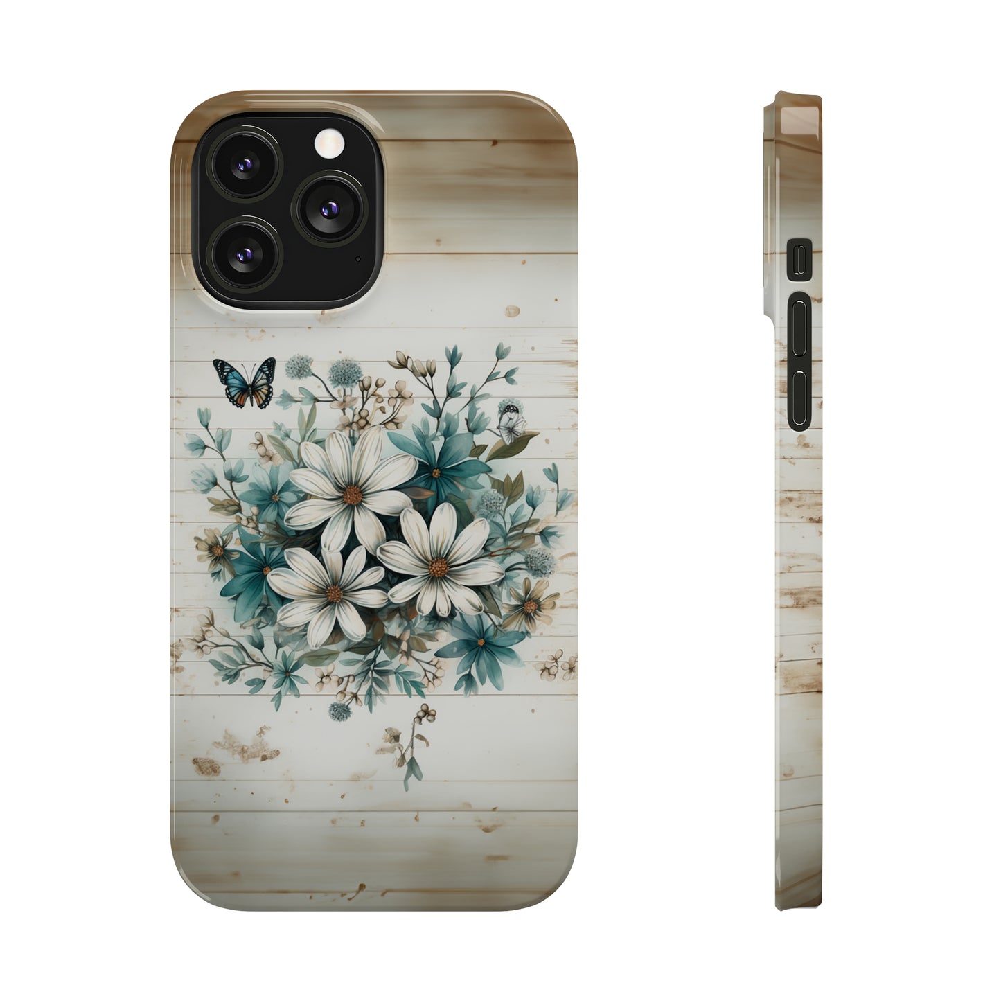 Rustic Charm Bouquet featuring Teal Accents White Wild Daisies with Butterflies  Iphone 15-12 Slim Phone Case