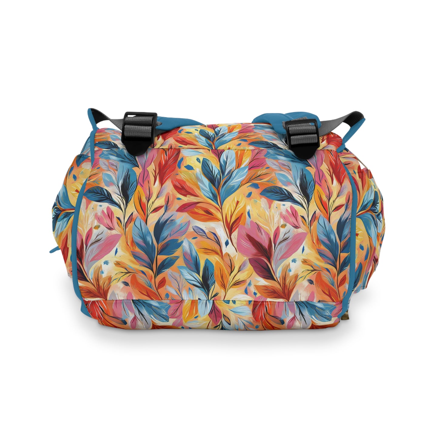 Vibrant Autumn Feathers in Hues of Orange, Yellow, Blue, and Pink on a Textured Background Multifunctional Diaper Backpack