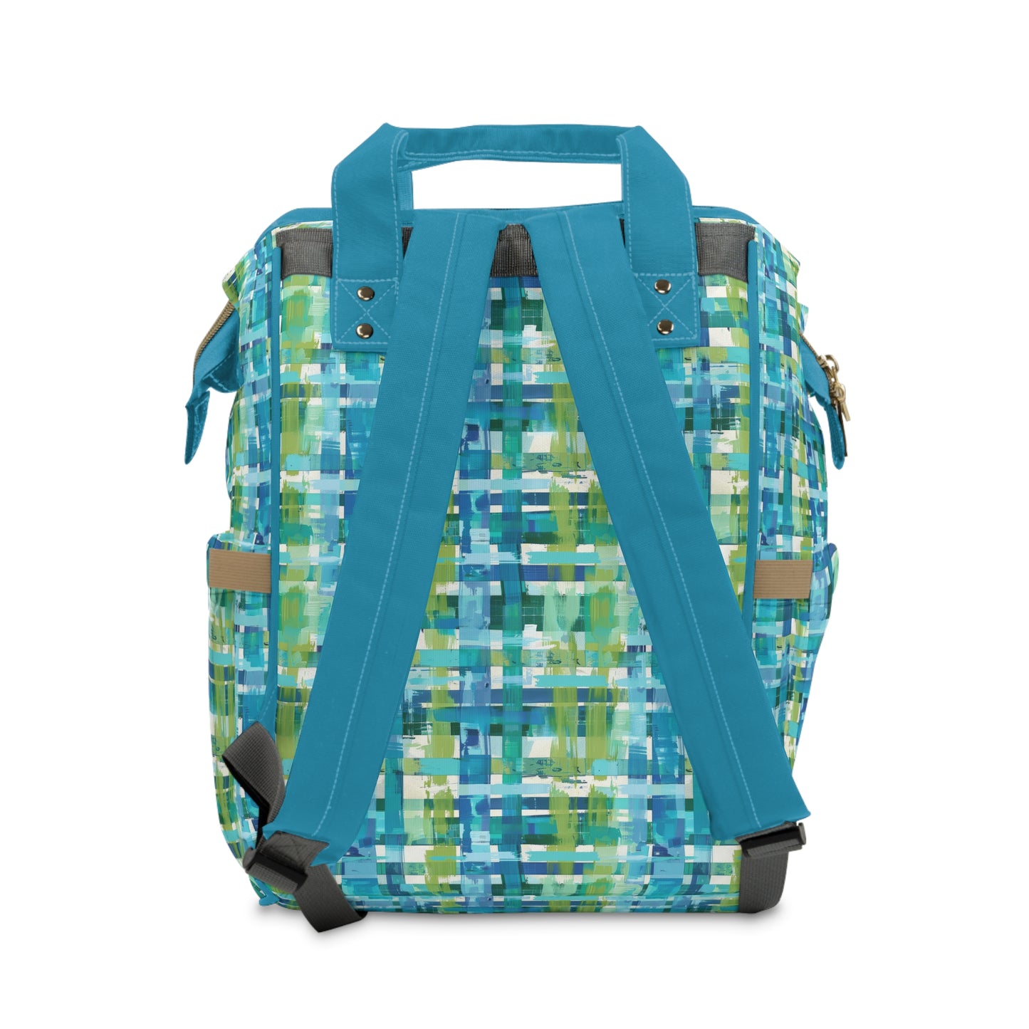 Enchanted Lagoon: Vibrant Green and Blue Abstract Plaid Multifunctional Diaper Backpack