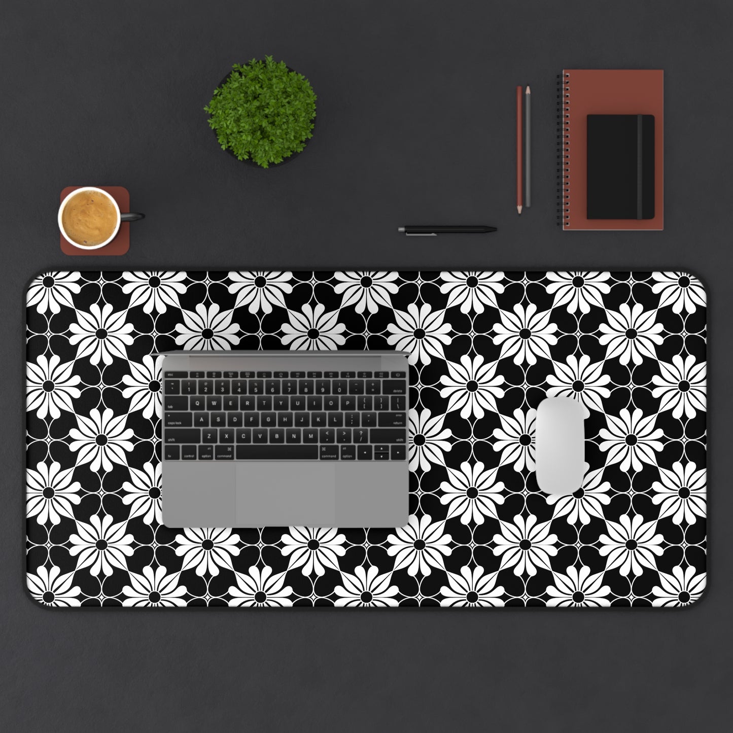 Retro Chic Monochrome Floral Geometric Flowers Extended Gaming Mouse Pad  Desk Mat  - 3 Sizes