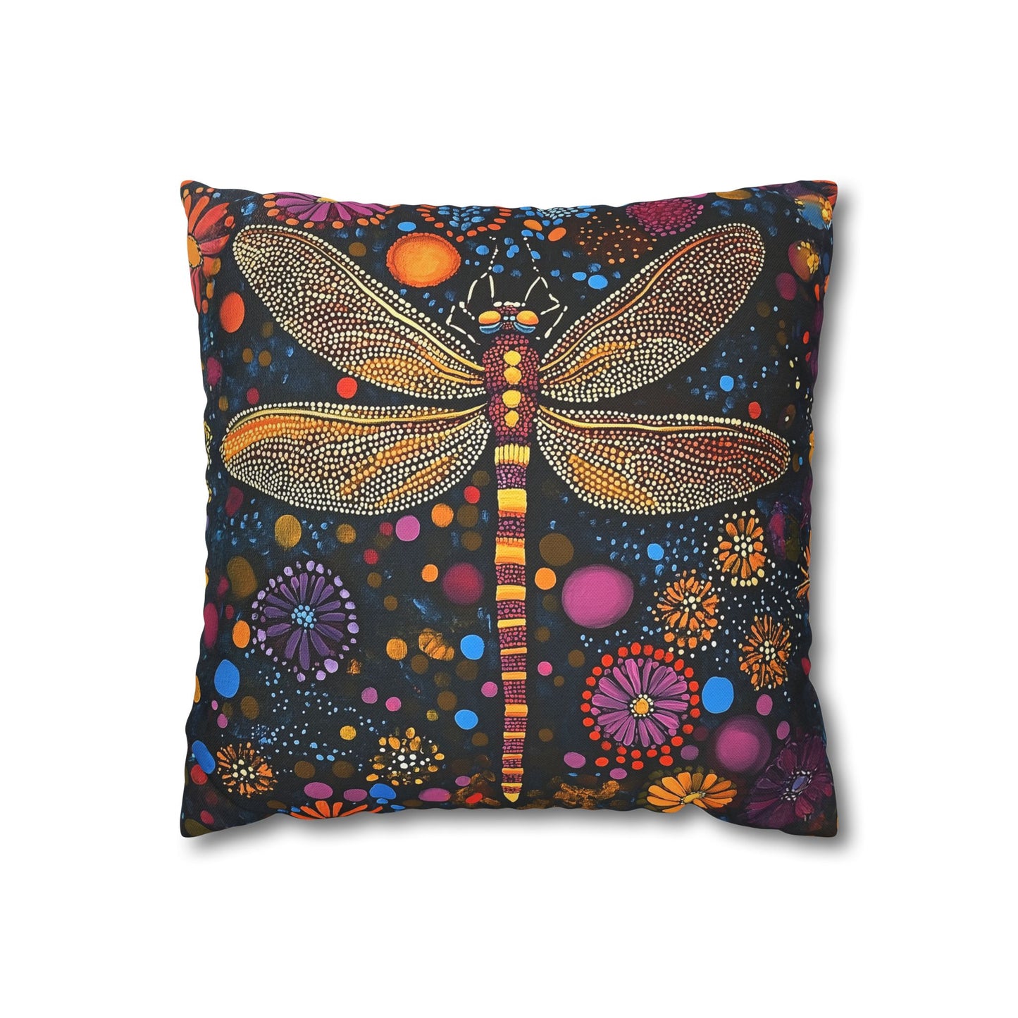 Vibrant Dragonfly Amidst a Kaleidoscope of Dot-Painted Blooms Spun Polyester Square Pillowcase 4 Sizes