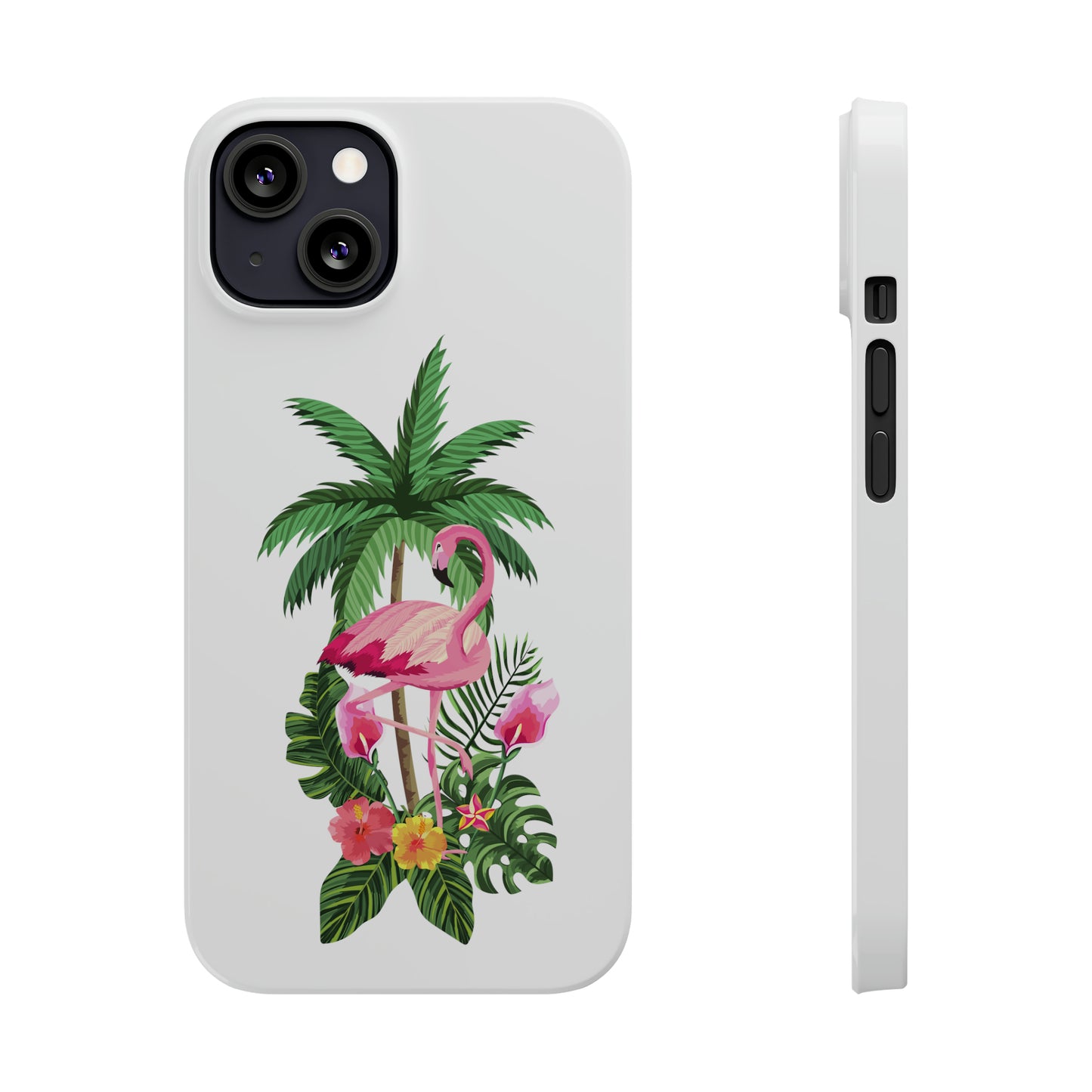 Tropical Pink Flamingo and Flowers White Background Iphone 15-12 Slim Phone Case