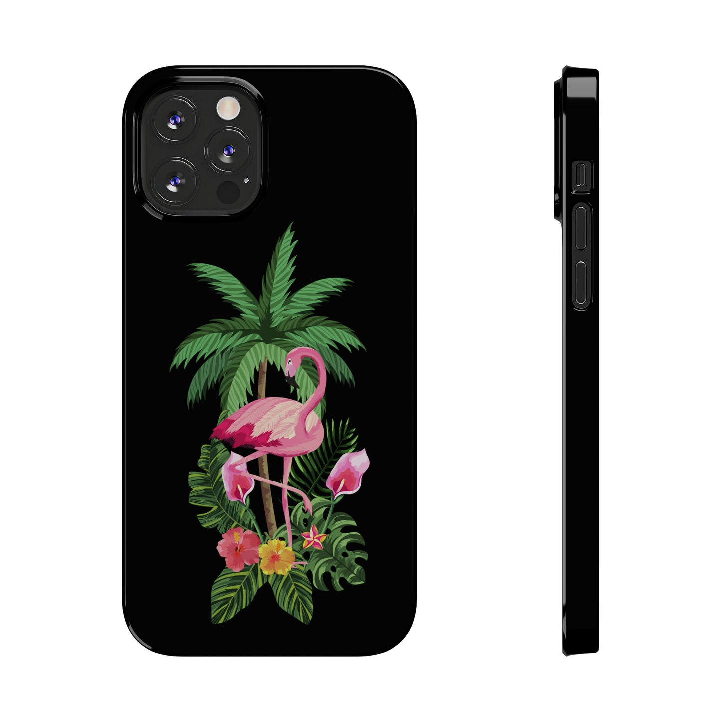 Tropical Pink Flamingo and Flowers Black Background Iphone 15-12 Slim Phone Case