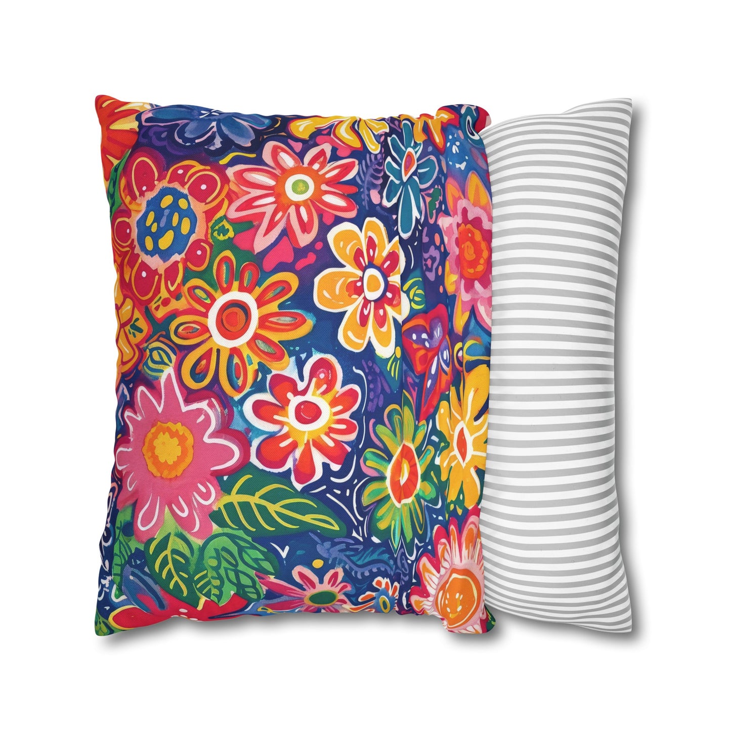 Fluttering Kaleidoscope: Vibrant Multicolor Flowers and Butterflies in Flight Spun Polyester Square Pillowcase 4 Sizes