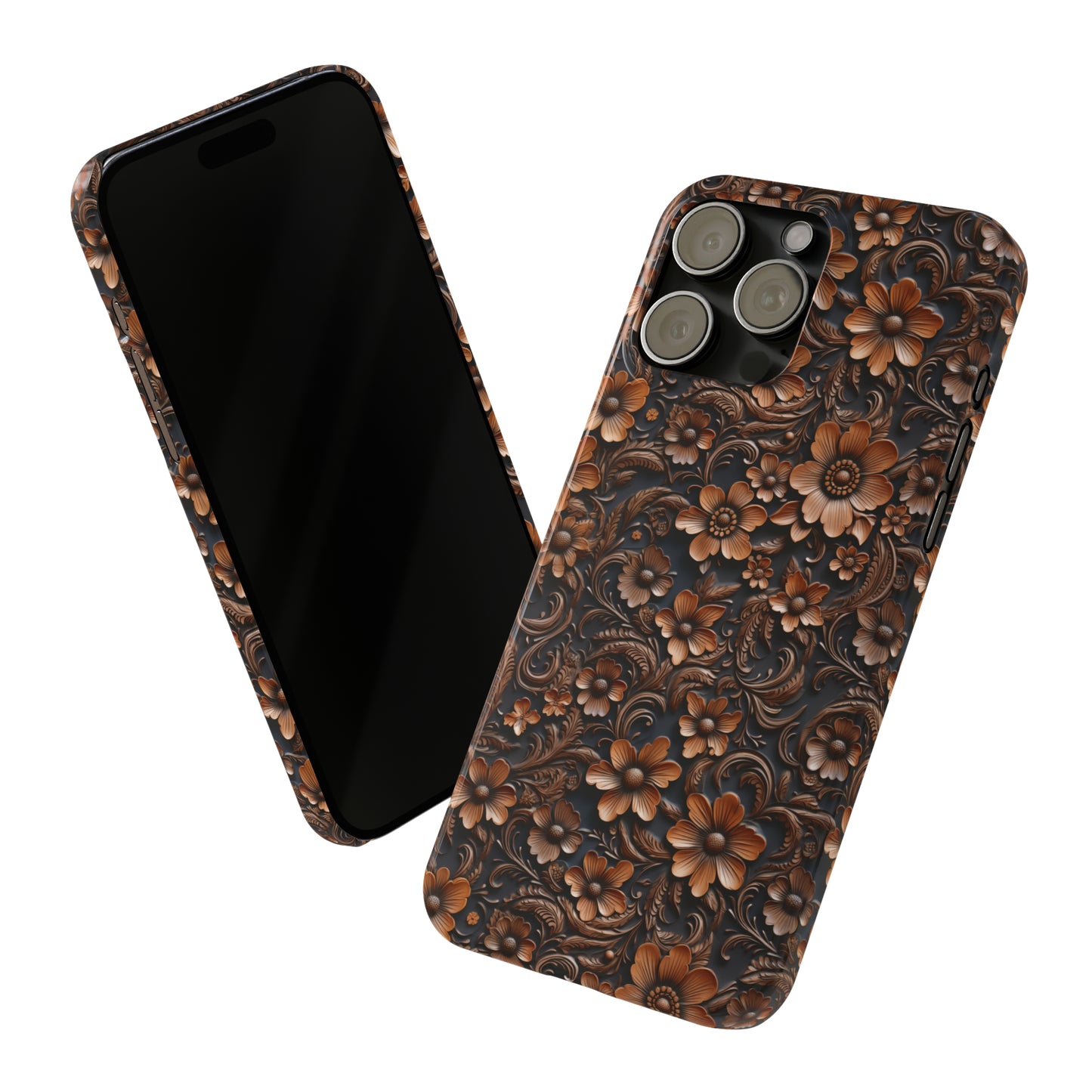 Tooled Deep Brown Leather Flowers Print Design Iphone 15-12 Slim Phone Case