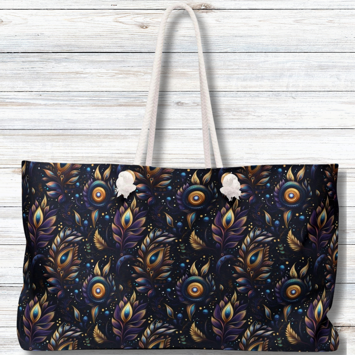 Mystical Enchanted Leaves and Celestial Stars - Weekender Oversized Canvas Tote Bag 24" × 13"