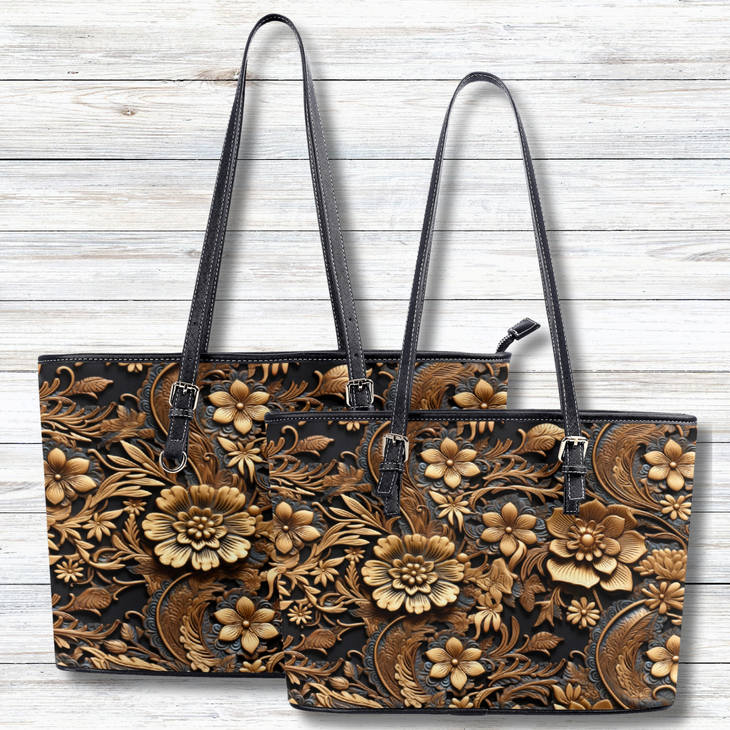 Tooled Leather Large Gold Flowers with Blue Leaf Swirl Accents Print Design Professional Tote Bag Faux Leather (PU) - 2 Sizes