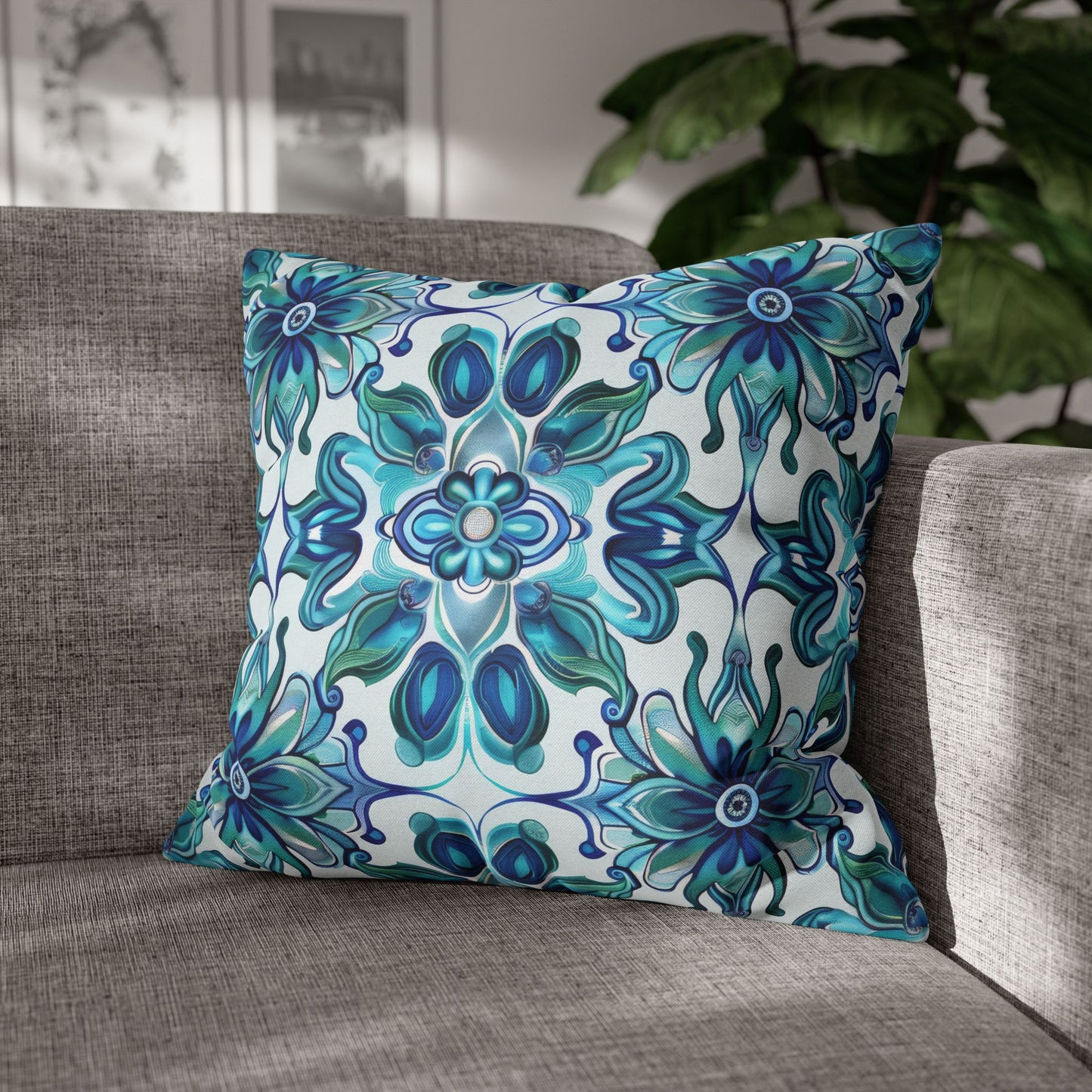 Exquisite Blue Lotus Elegance Floral Mosaic Design Spun Polyester Square Pillowcase 4 Sizes