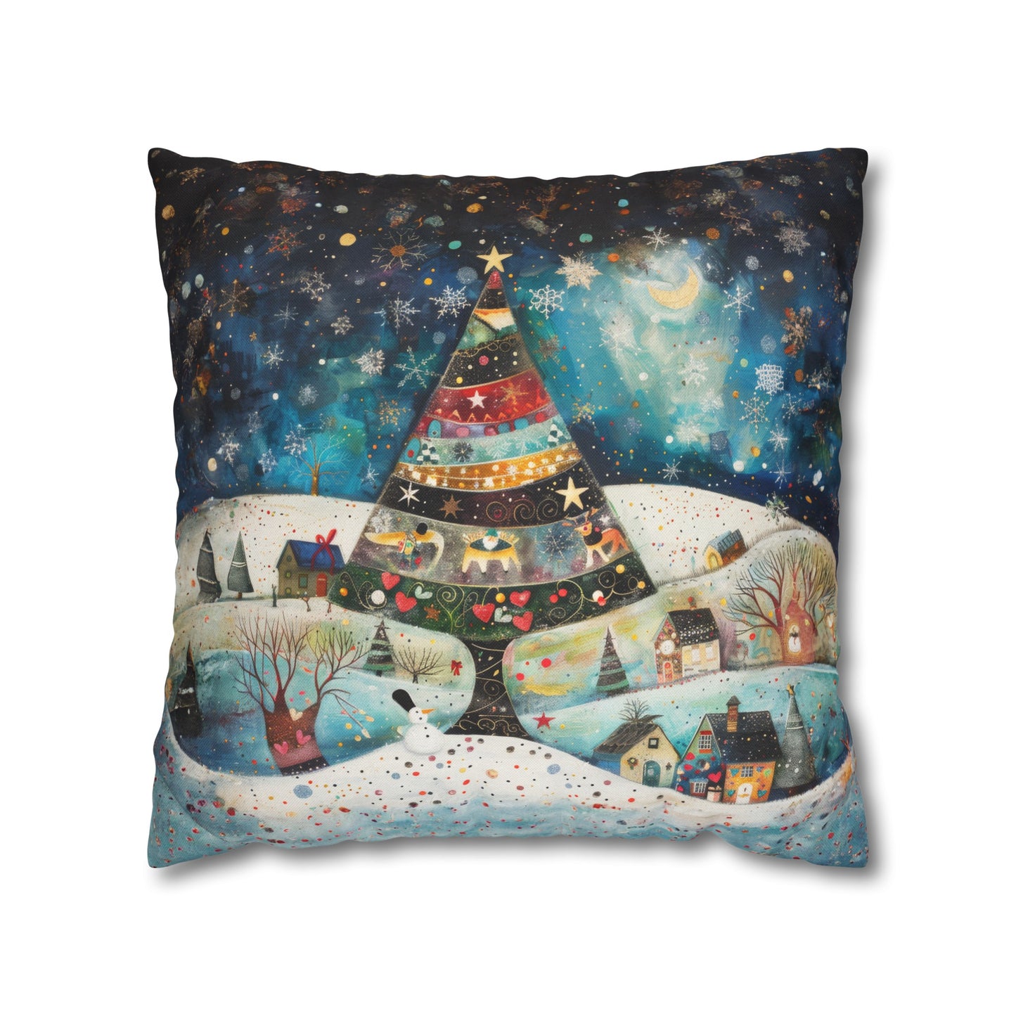 Twilight Treasures: Folk Art Christmas Tree Adorning a Town at Night Spun Polyester Square Pillowcase 4 Sizes