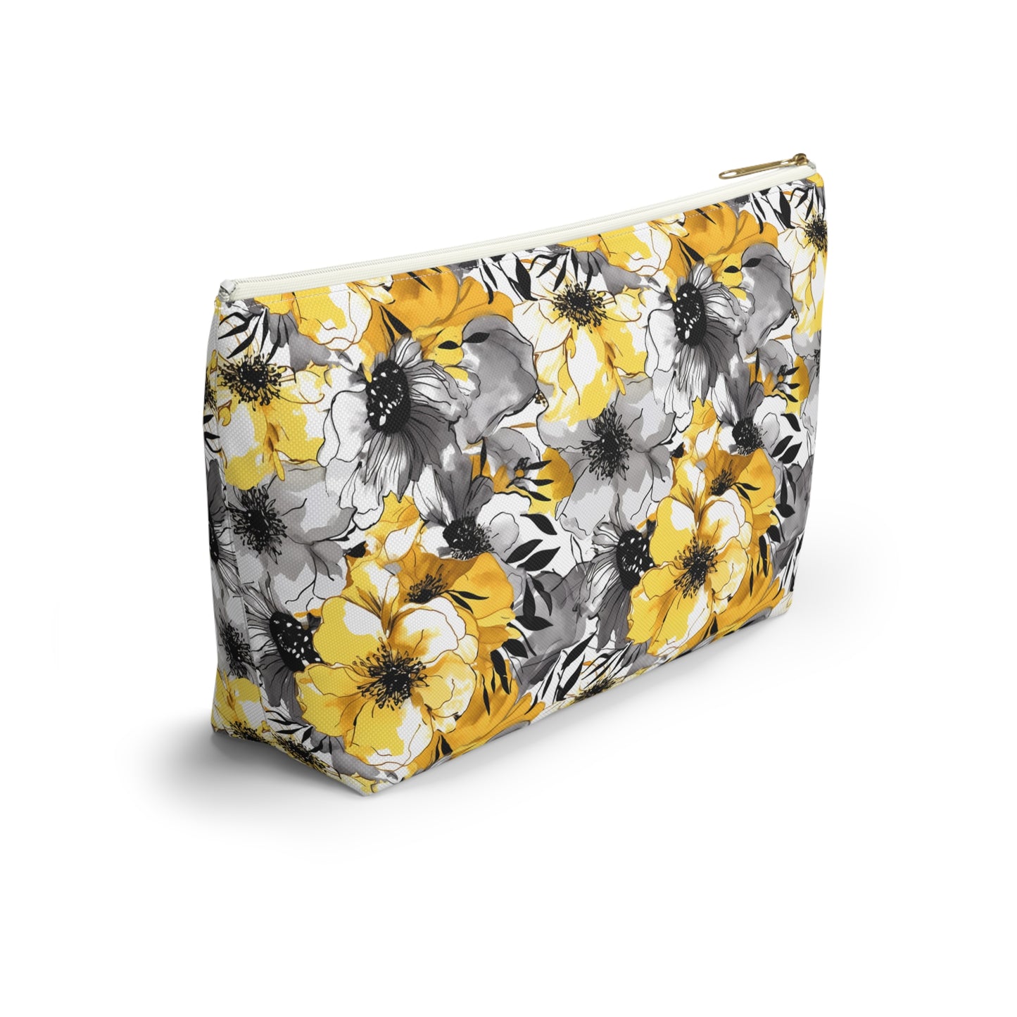 Soothing Radiance: Large Yellow and Grey Watercolor Flower Design - Makeup & Accessory Bag 2 Sizes