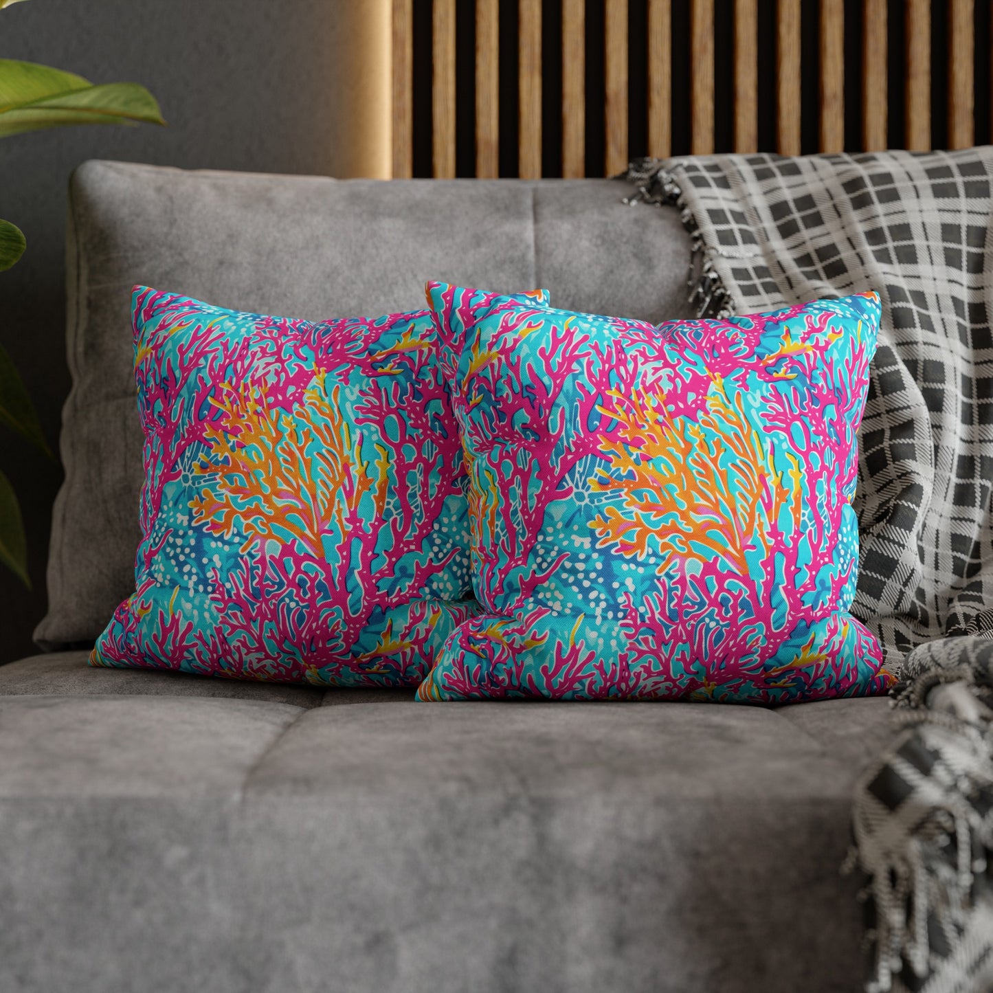 Coral Symphony: Bright Pink, Yellow, and Coral Dancing in the Blue Ocean Spun Polyester Square Pillowcase 4 Sizes