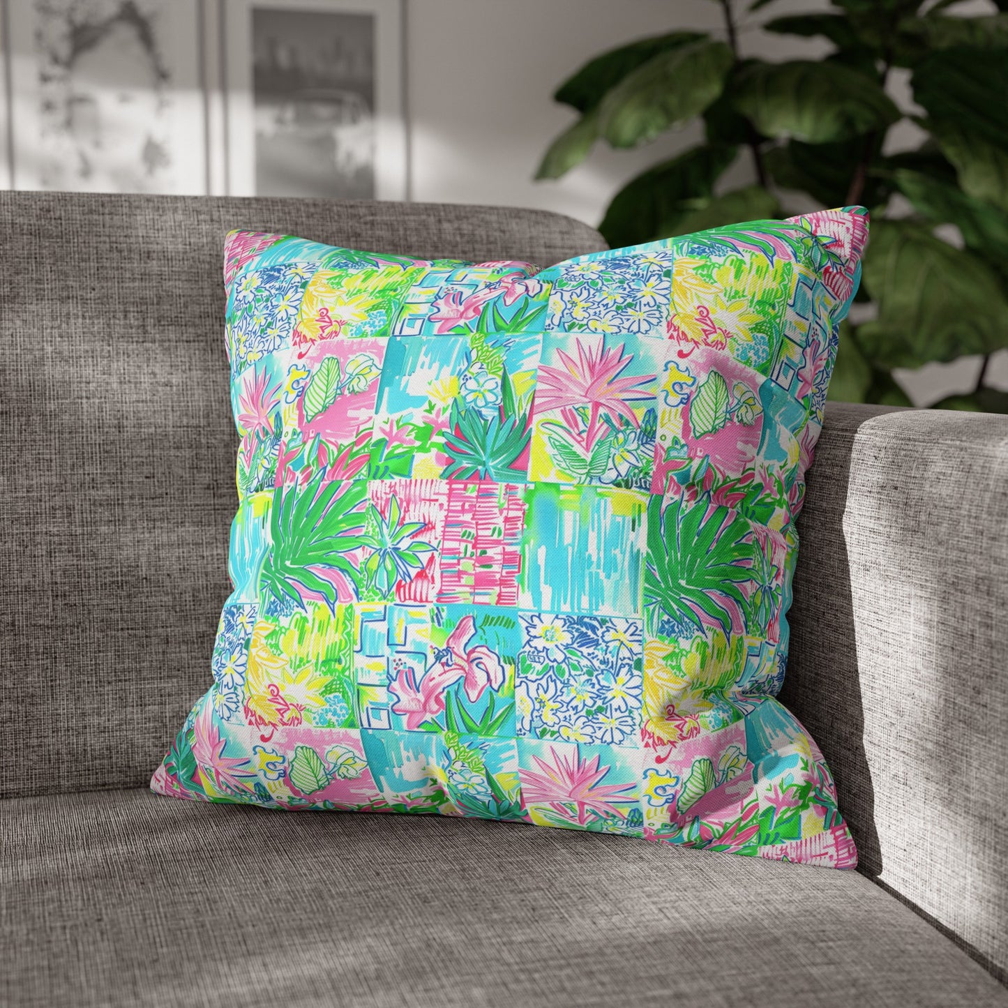 Whimsical Palm Trees and Flowers in Vibrant Pink, Teal, and Green Collage Spun Polyester Square Pillowcase 4 Sizes