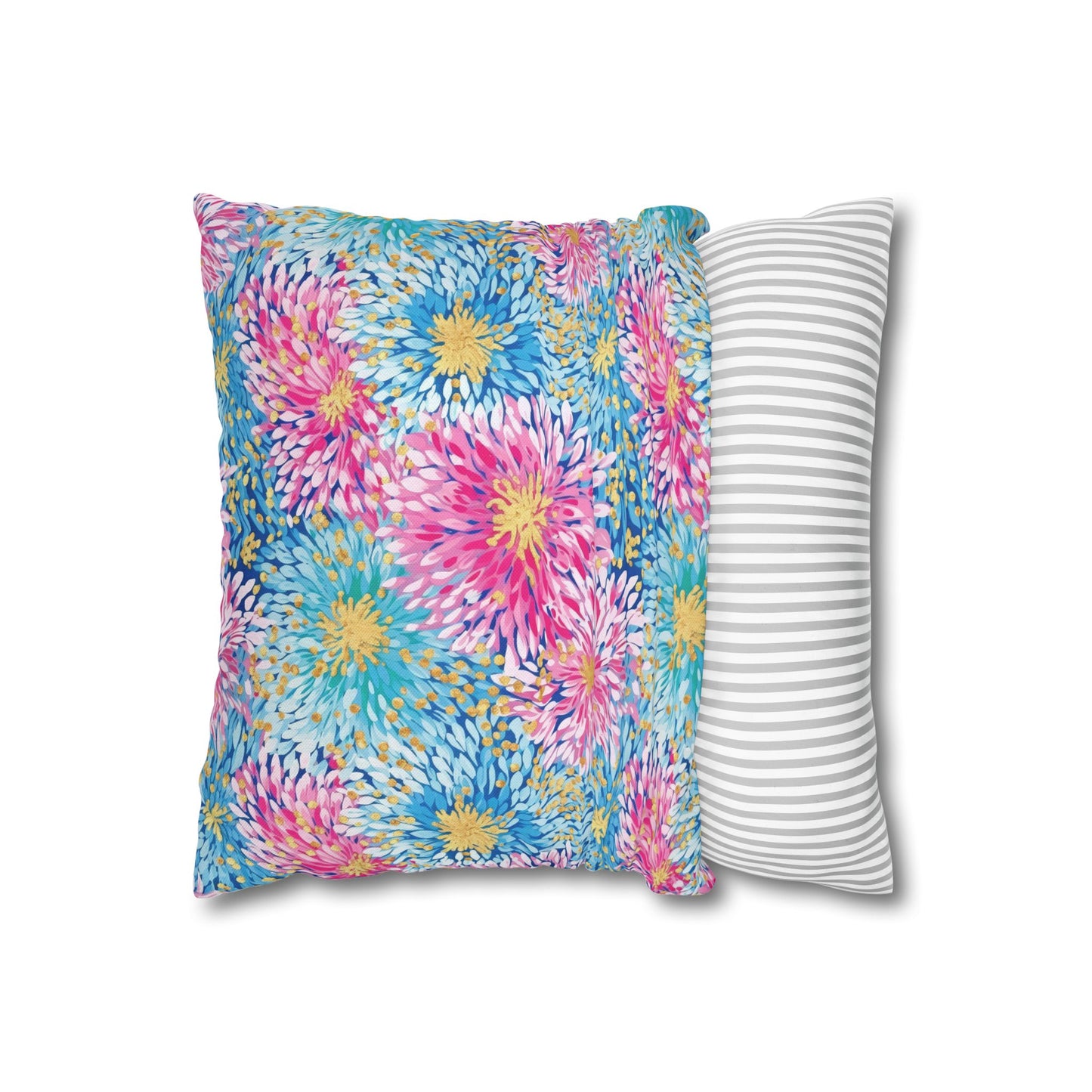 Pastel Harmony: Watercolor Chrysanthemums in Pink, Blue, and Yellow Spun Polyester Square Pillowcase 4 Sizes