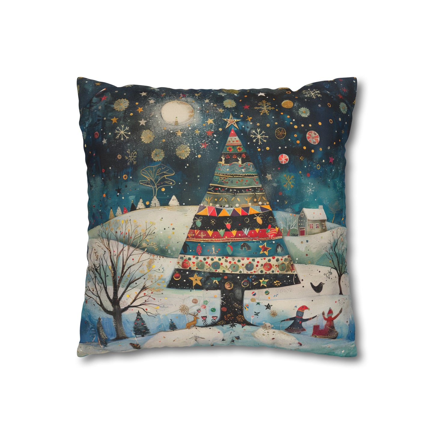 Nighttime Delights: Folk Art Christmas Tree Illuminating a Town, with Joyful Children Playing Below Spun Polyester Square Pillowcase 4 Sizes