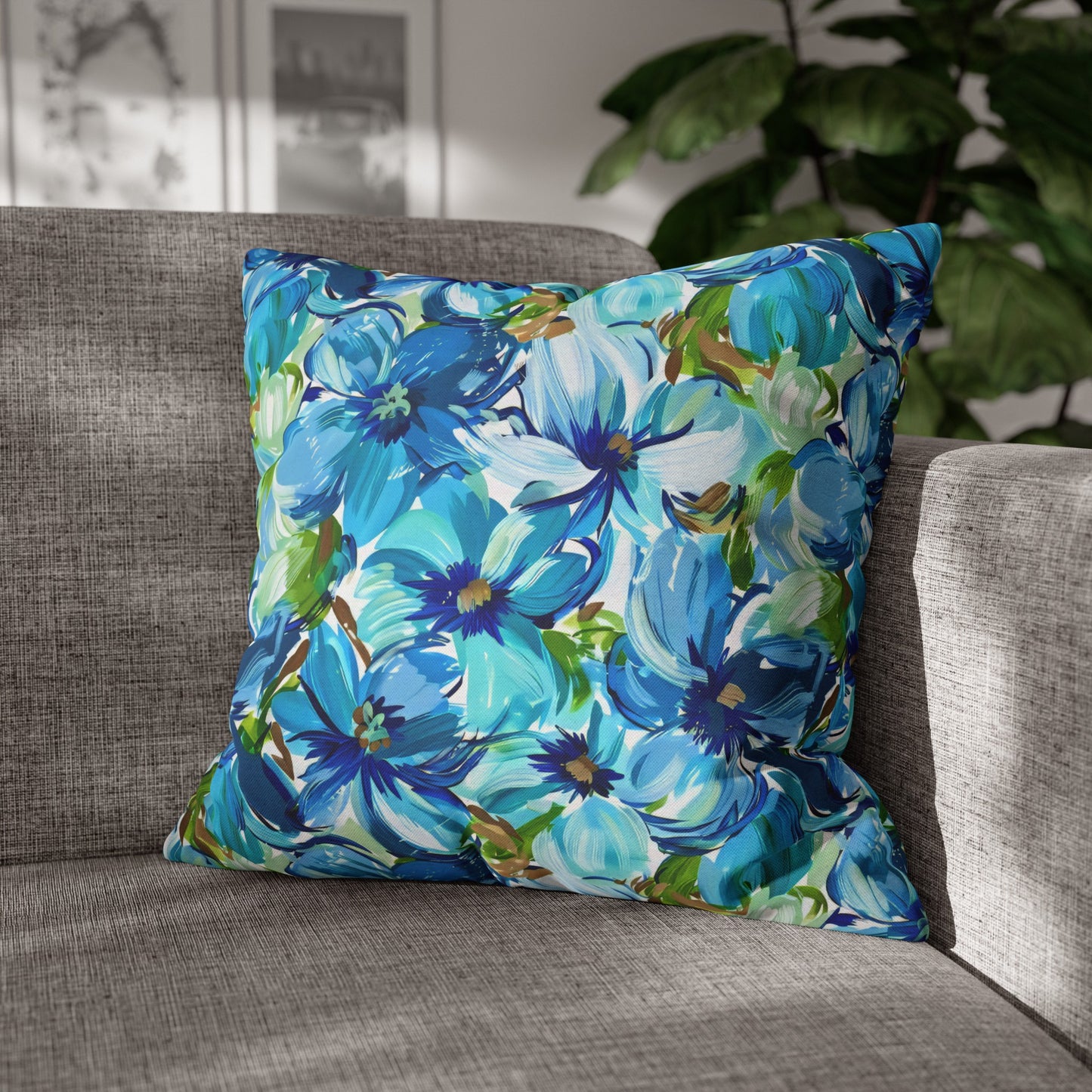 Large Blue Watercolor Flowers with Gentle Accents of Brown and Green Spun Polyester Square Pillowcase 4 Sizes