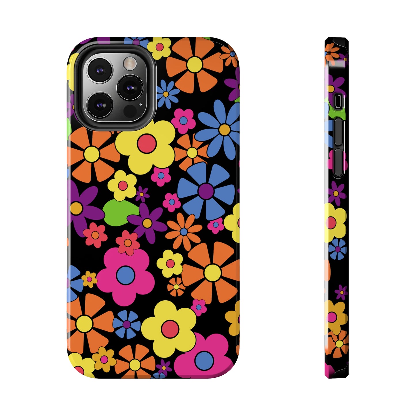 Flower Power Design on Black Background Iphone Tough Phone Case