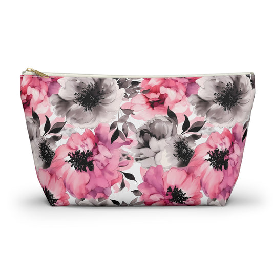 Graceful Elegance: Large Pink and Grey Watercolor Flower Design - Makeup & Accessory Bag 2 Sizes