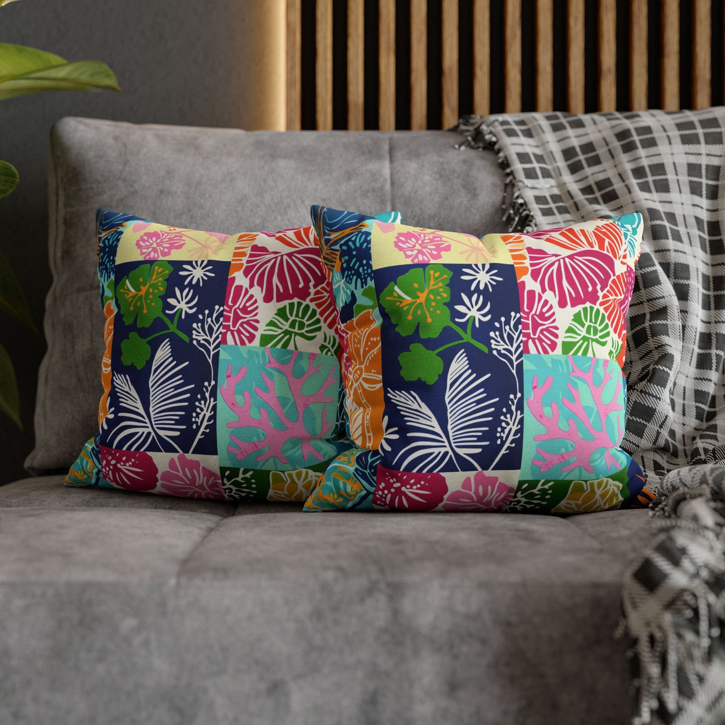 Vibrant Mosaic of Tropical Unique Shapes and Hues, from Vivid Oranges to Deep Blue Leaves and Flowers Spun Polyester Square Pillowcase 4 Sizes