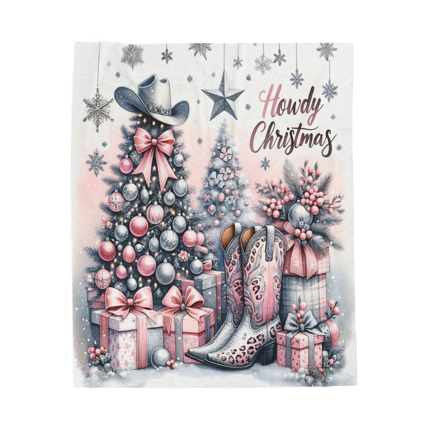 Country Western Howdy Christmas Pink Sparkle Velveteen Plush Blanket 3 Sizes