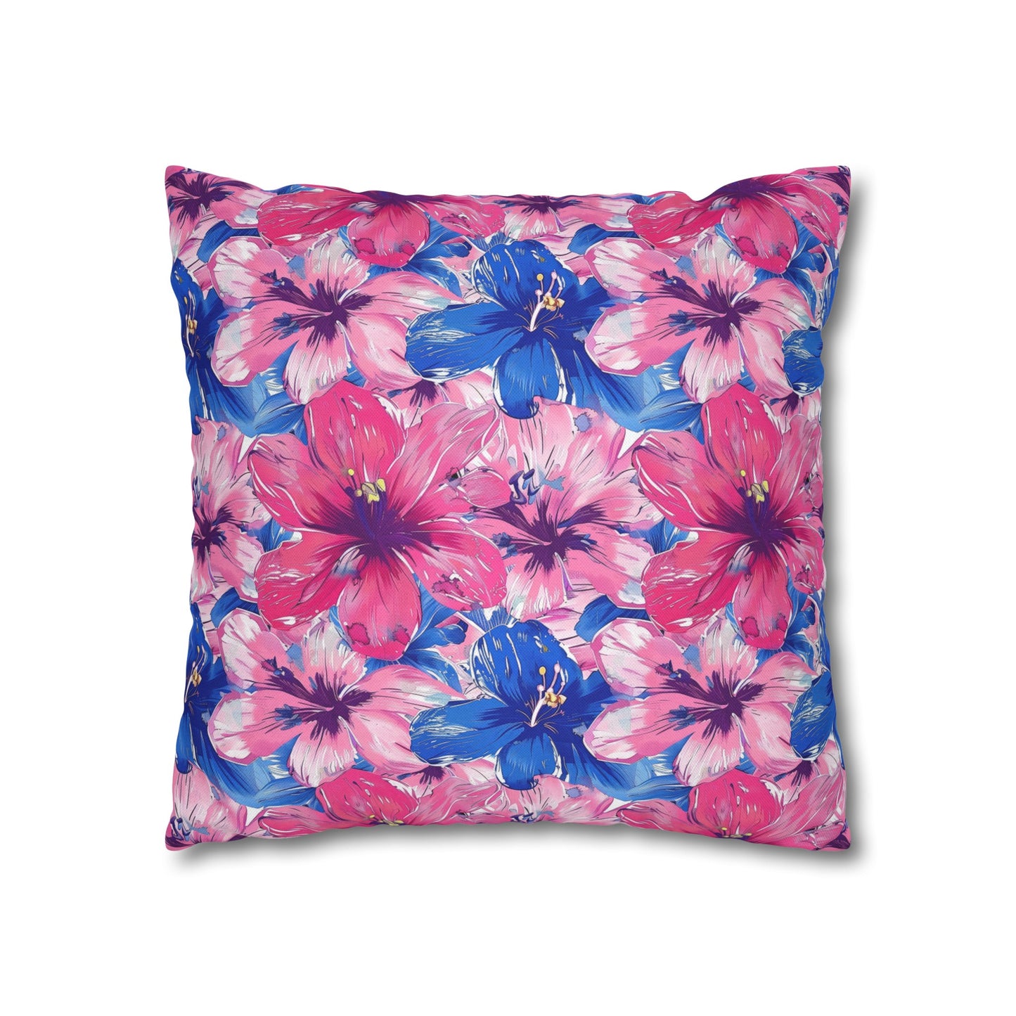 Blooming Bliss: Large Pink and Blue Blossoms in Full Bloom Spun Polyester Square Pillowcase 4 Sizes