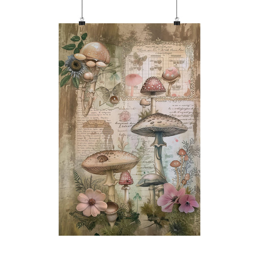 Botanical Illustrations: Mushrooms, Flowers, and Butterflies Grace Vintage Paper with Natural Beauty Print on Matte Poster - 4 Sizes