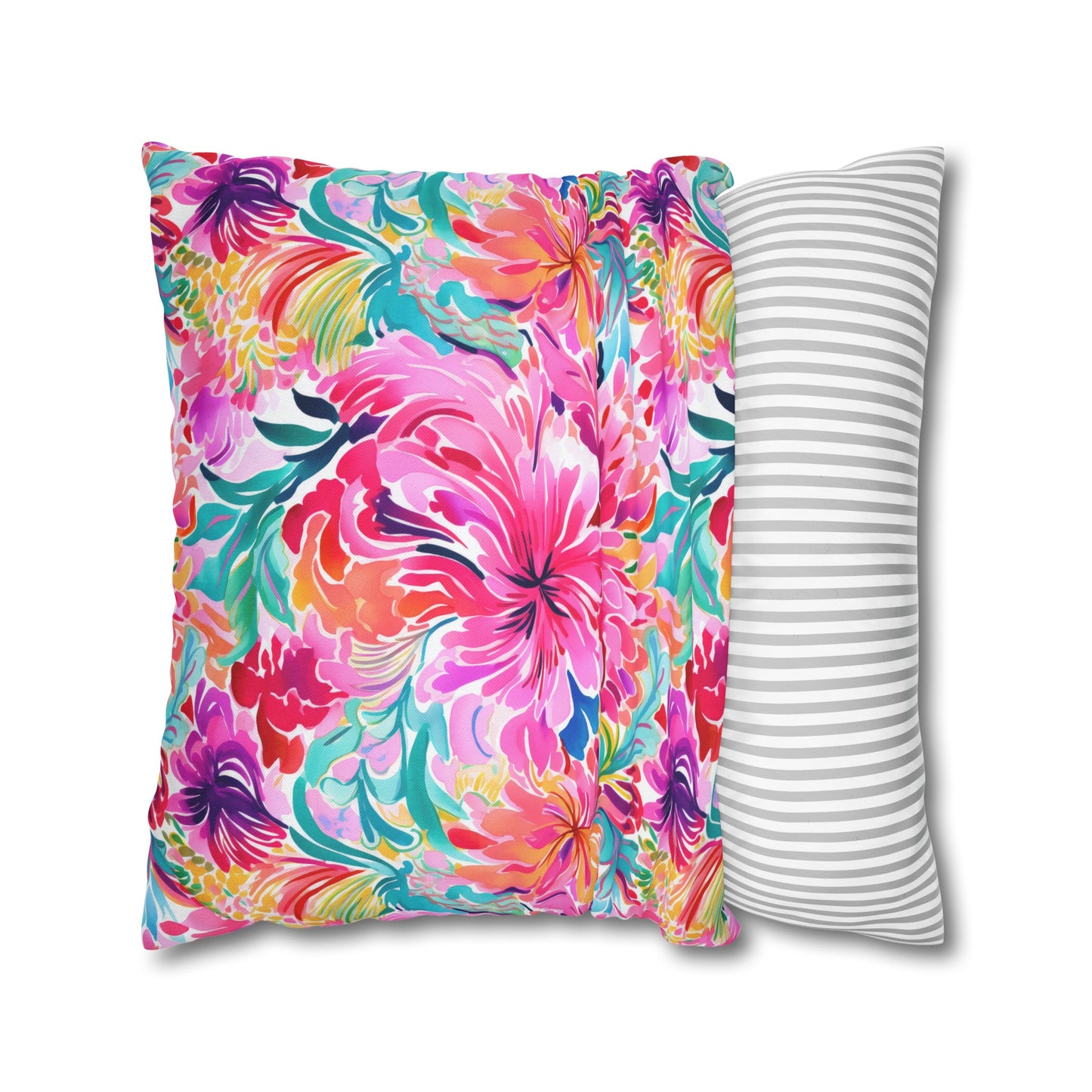 Rainbow Tropics: Watercolor Flowers in Vibrant Pink, Green and Orange Hues Spun Polyester Square Pillowcase 4 Sizes