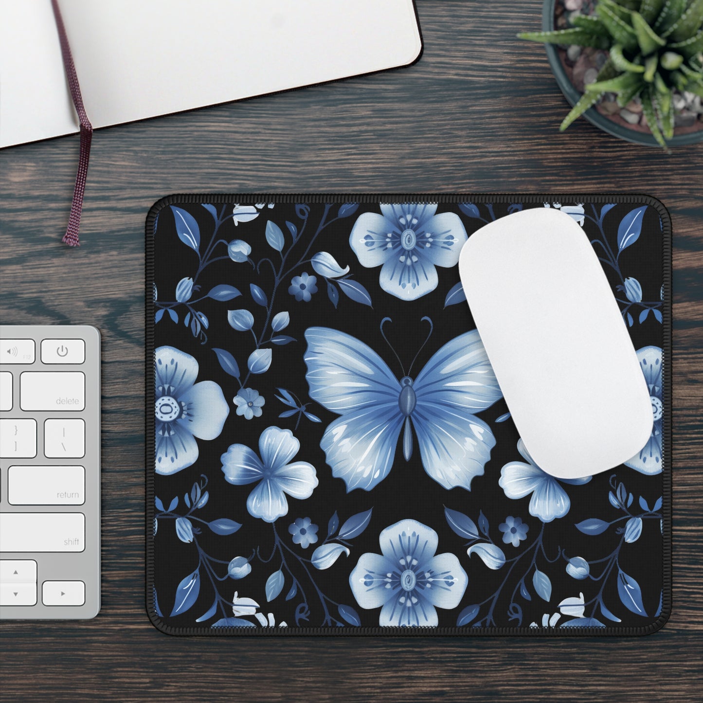 Enchanted Blue Butterflies and Blooms on Black Gaming Mouse Pad with Finished Edges