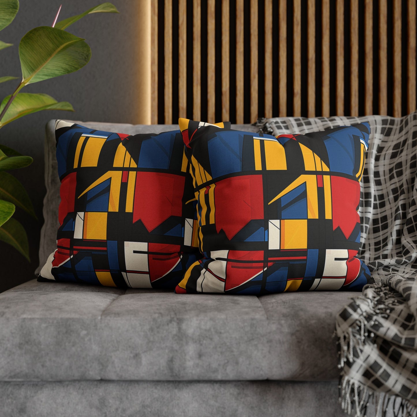 Mondrian-Inspired Bold Primary Colors and Black Lines Abstract Spun Polyester Square Pillowcase 4 Sizes