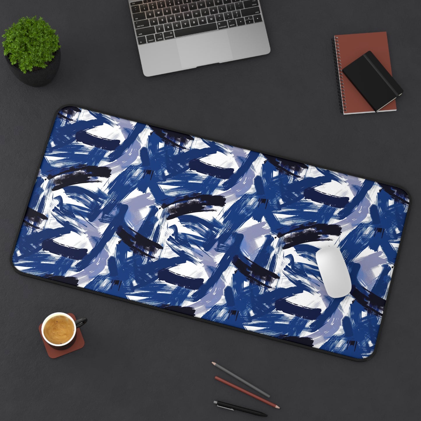 Midnight Frenzy Bold Abstract Brush Strokes in Shades of Deep Blue and White Gaming Mouse Pad  Desk Mat  - 3 Sizes