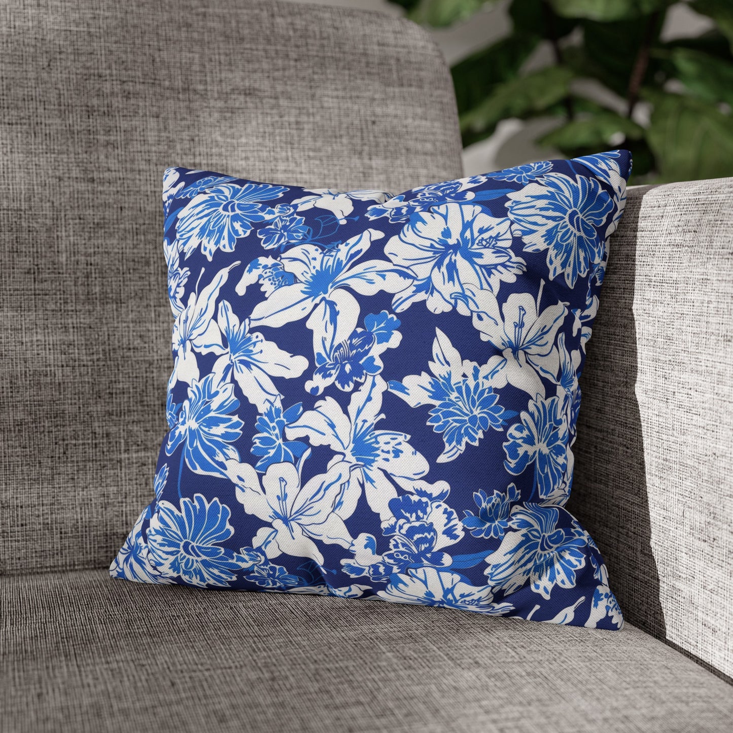 Oceanic Bloom: Watercolor Tropical Flowers in White and Blue against a Deep Blue Background Spun Polyester Square Pillowcase 4 Sizes