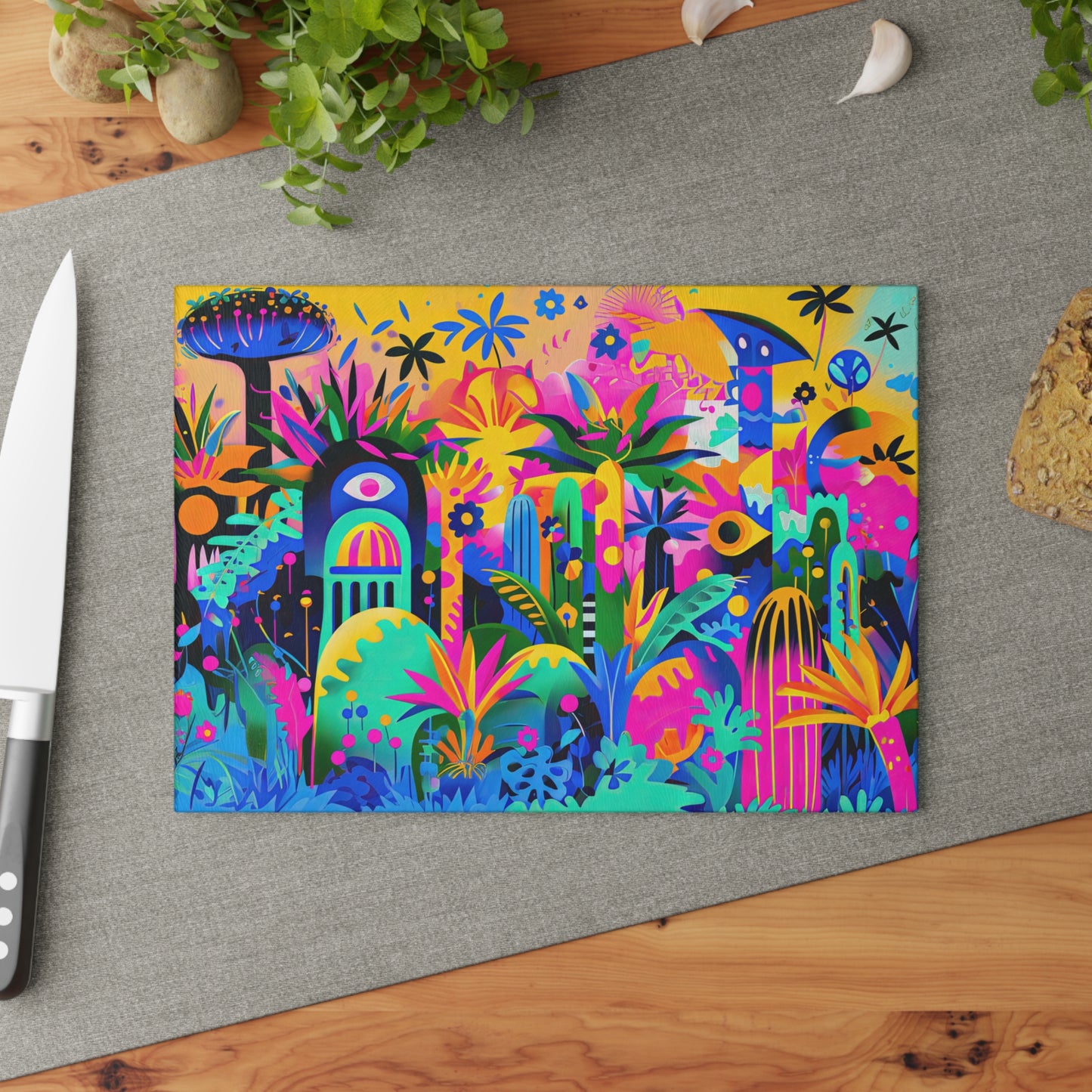 Neon Tropics: Abstract Art Depicting a Tropical Jungle in Vivid Neon Colors Glass Cutting Board 2 Sizes