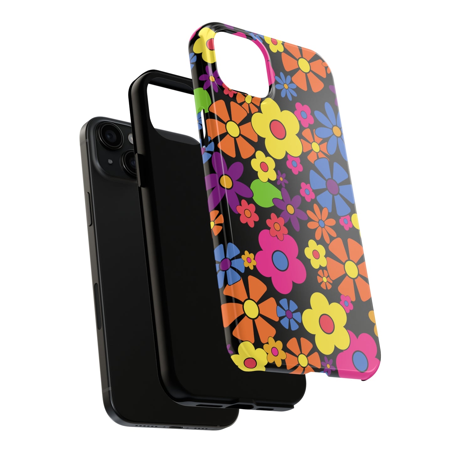 Flower Power Design on Black Background Iphone Tough Phone Case