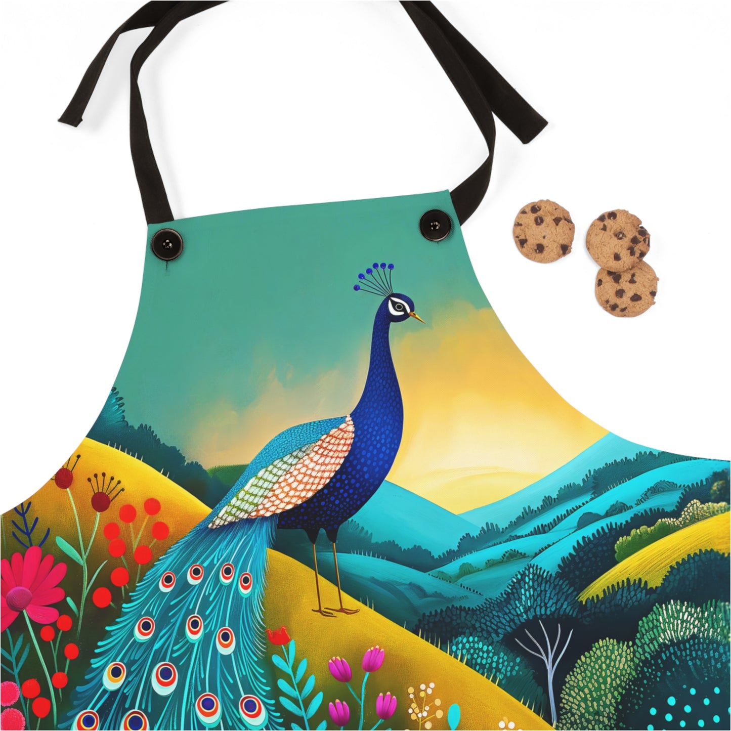 Radiant Peacock with Colorful Enchanted Garden and Sunrise Kitchen Chef Apron