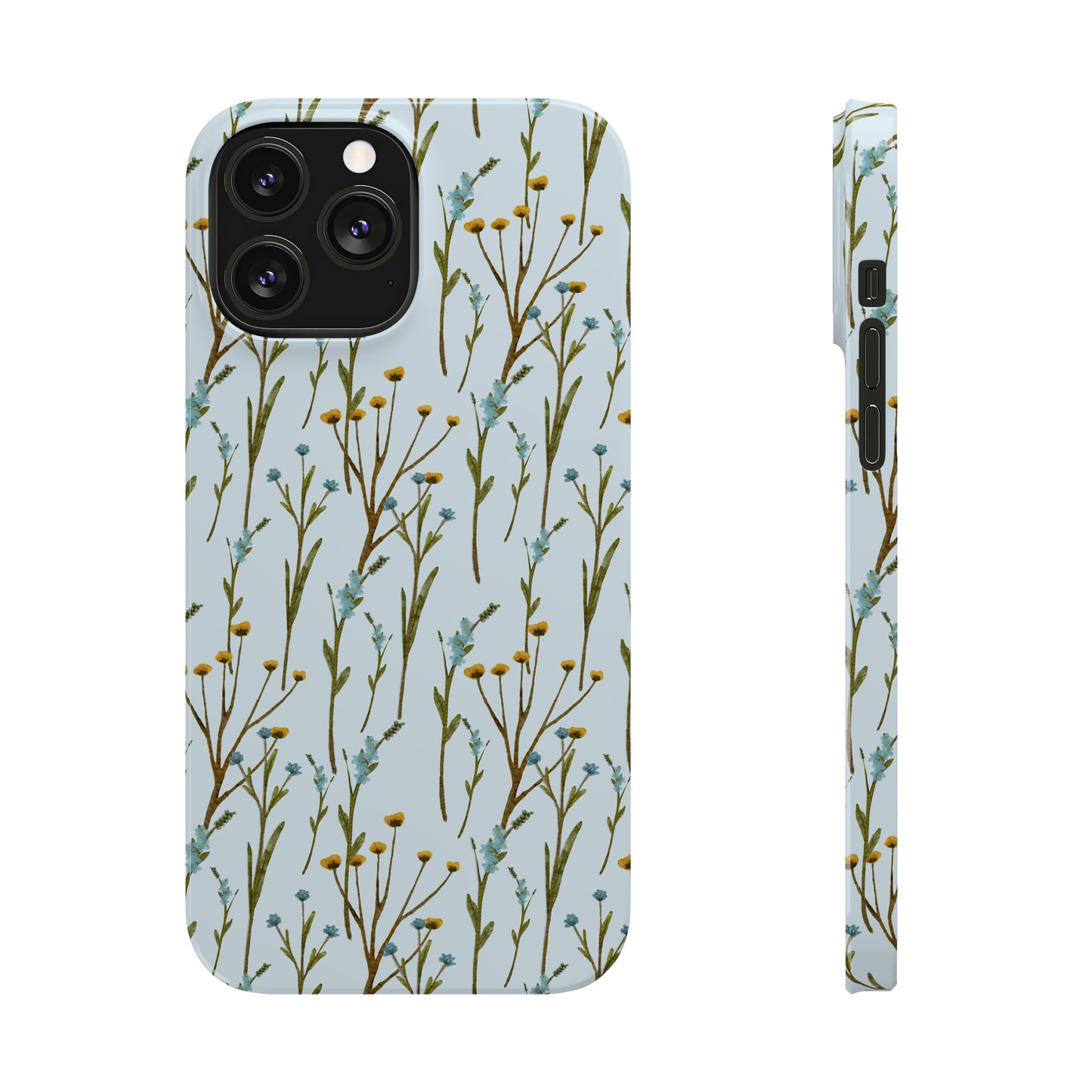 Delicate Blue and Yellow Wildflowers on a Light Blue Background Design Iphone 15-12 Slim Phone Case