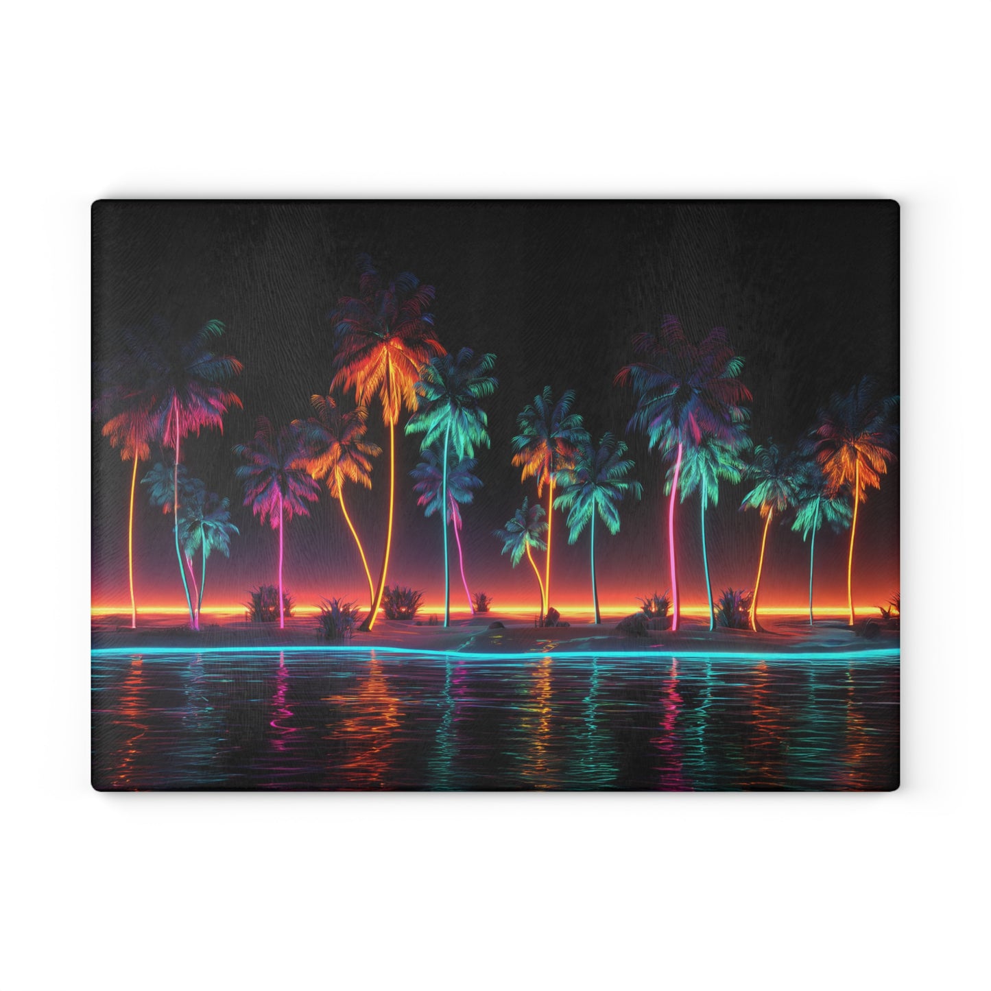 Beach Sunset Neon Palm Trees Tropical Ocean Glass Cutting Board, Charcuterie Serving Tray 2 Sizes