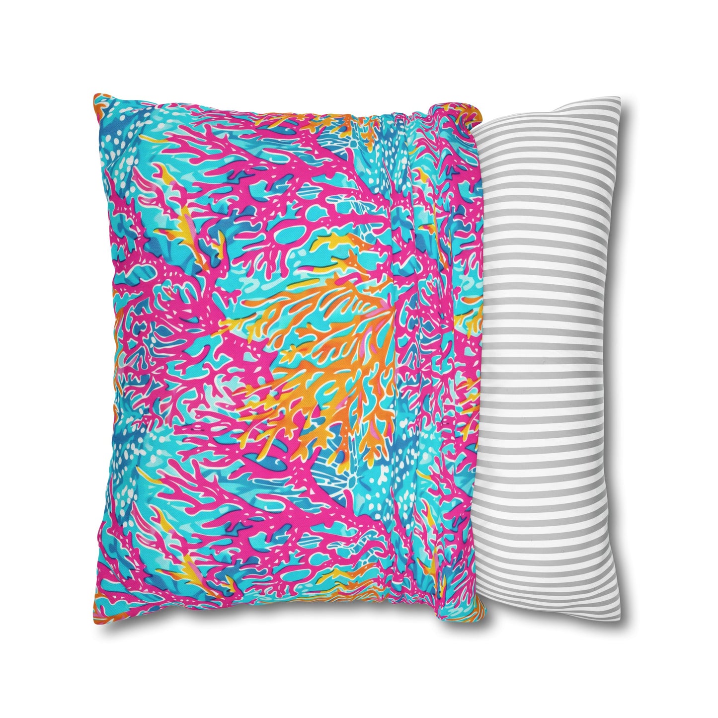 Coral Symphony: Bright Pink, Yellow, and Coral Dancing in the Blue Ocean Spun Polyester Square Pillowcase 4 Sizes