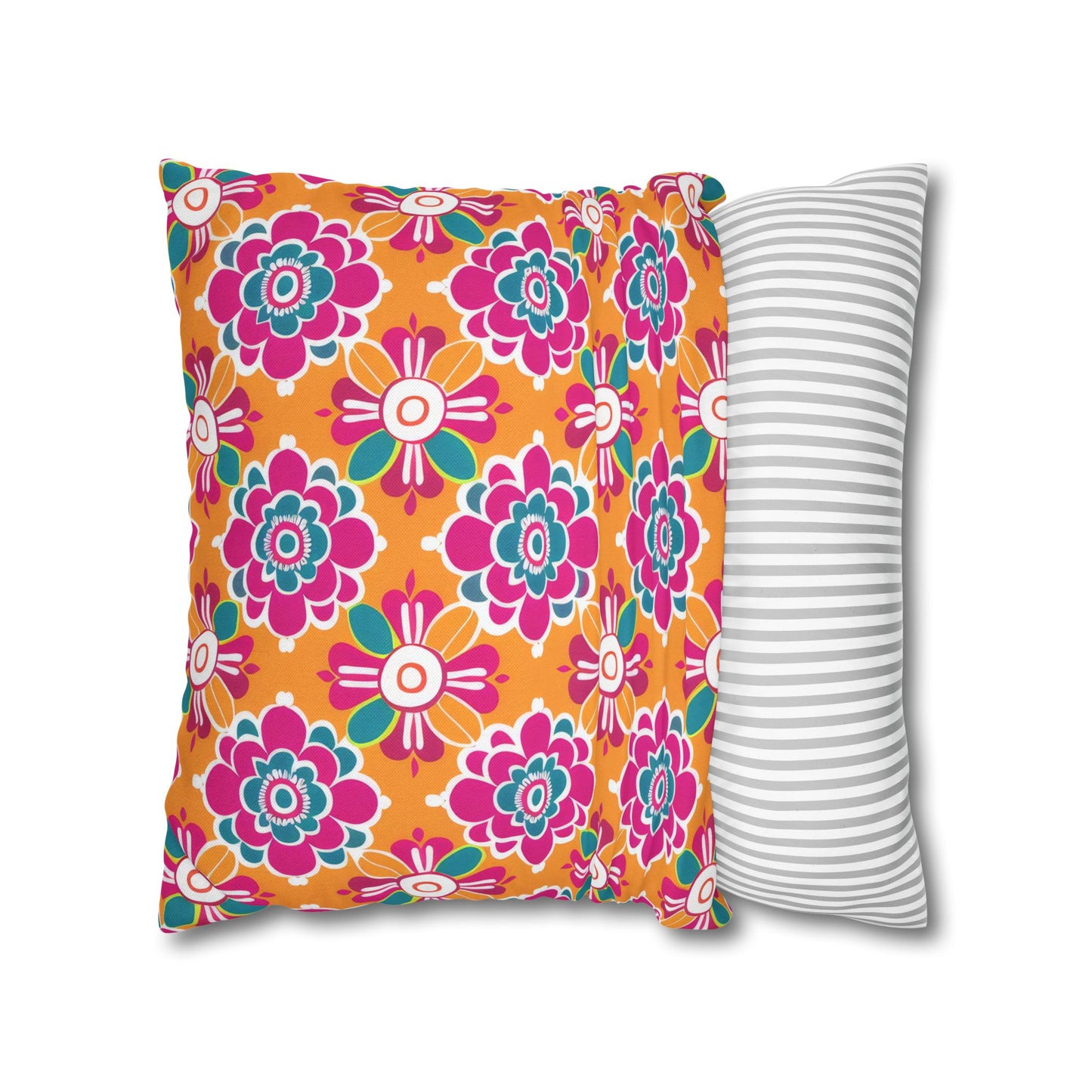 Array of Stylized Floral Motifs in Vivid Pink, Teal, and White Set Against a Warm Orange Backdrop Spun Polyester Square Pillowcase 4 Sizes